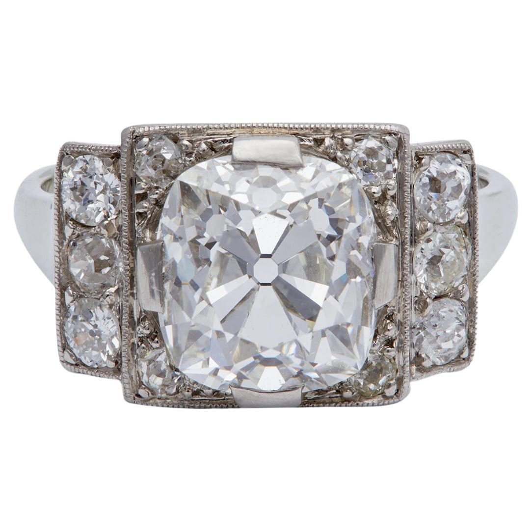 Art Deco GIA 3.56 Carats Old Mine Cut Diamond 18k White Gold Ring For Sale
