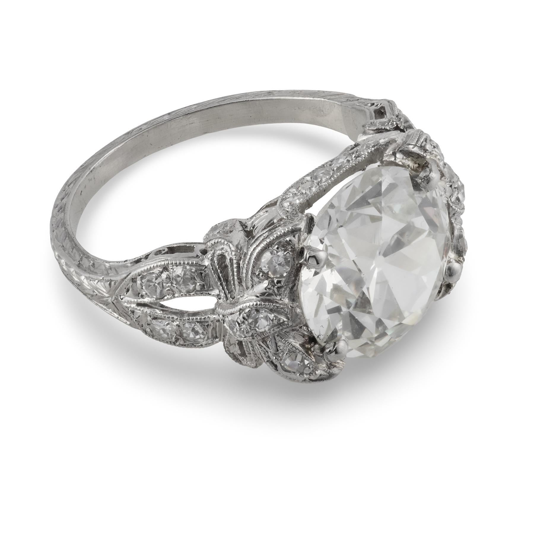 Bague de fiançailles Art déco en platine avec diamant taille européenne ancienne de 3.57 carats certifié GIA Pour femmes en vente