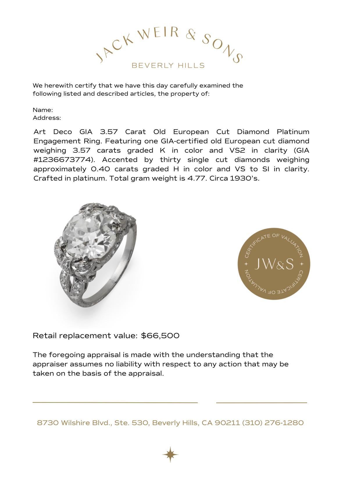 Bague de fiançailles Art déco en platine avec diamant taille européenne ancienne de 3.57 carats certifié GIA en vente 3