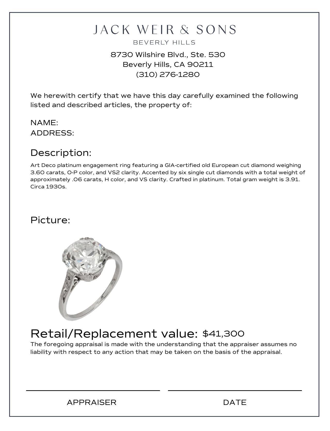 Art Deco GIA 3.60 carat old European cut diamond platinum engagement ring 1