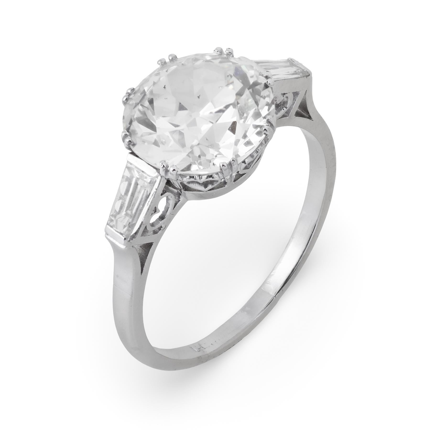 Bague de fiançailles Art déco en platine avec diamant taille européenne ancienne de 3.65 carats certifié GIA