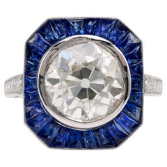 Platin-Cluster-Ring, Art déco, GIA 3,68 Karat alter europäischer Diamant, Saphir, Platin