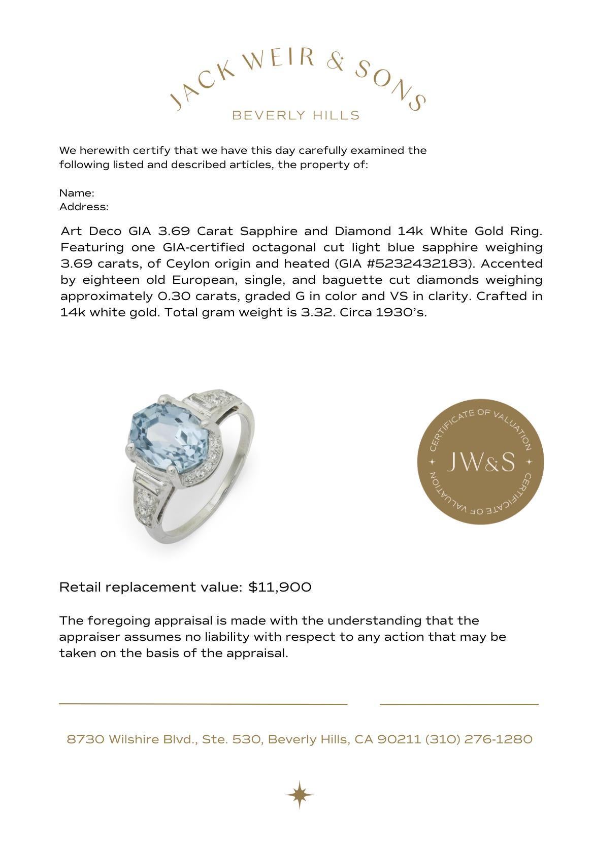 Bague Art déco GIA 3,69 carats saphir diamant 14k or blanc en vente 3