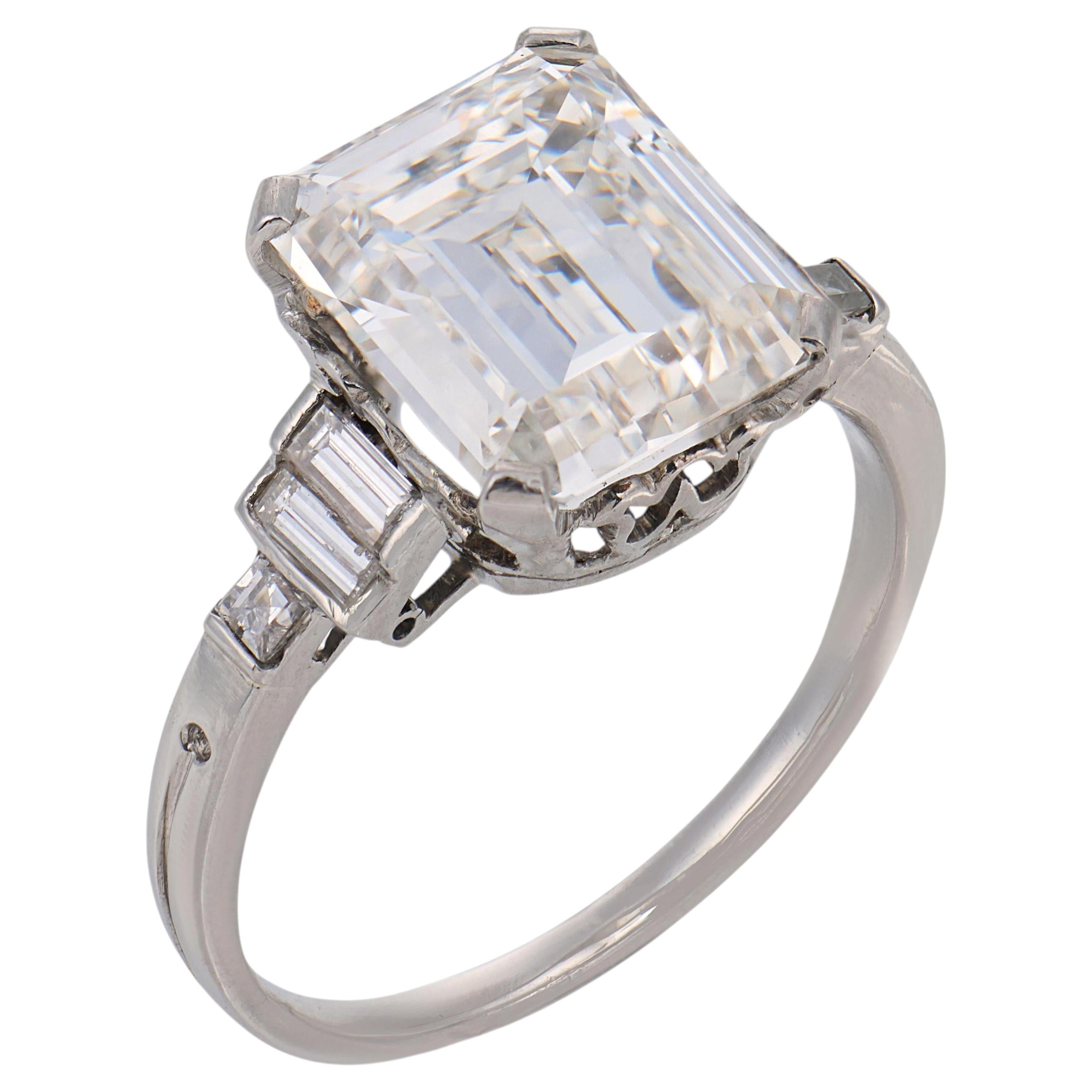 Art Deco GIA 3.78 carat emerald cut diamond platinum engagement ring