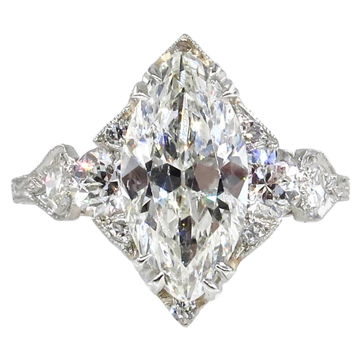 Art Deco GIA 3.78 Carat Old Marquise Cut Diamond Engagement Platinum Ring