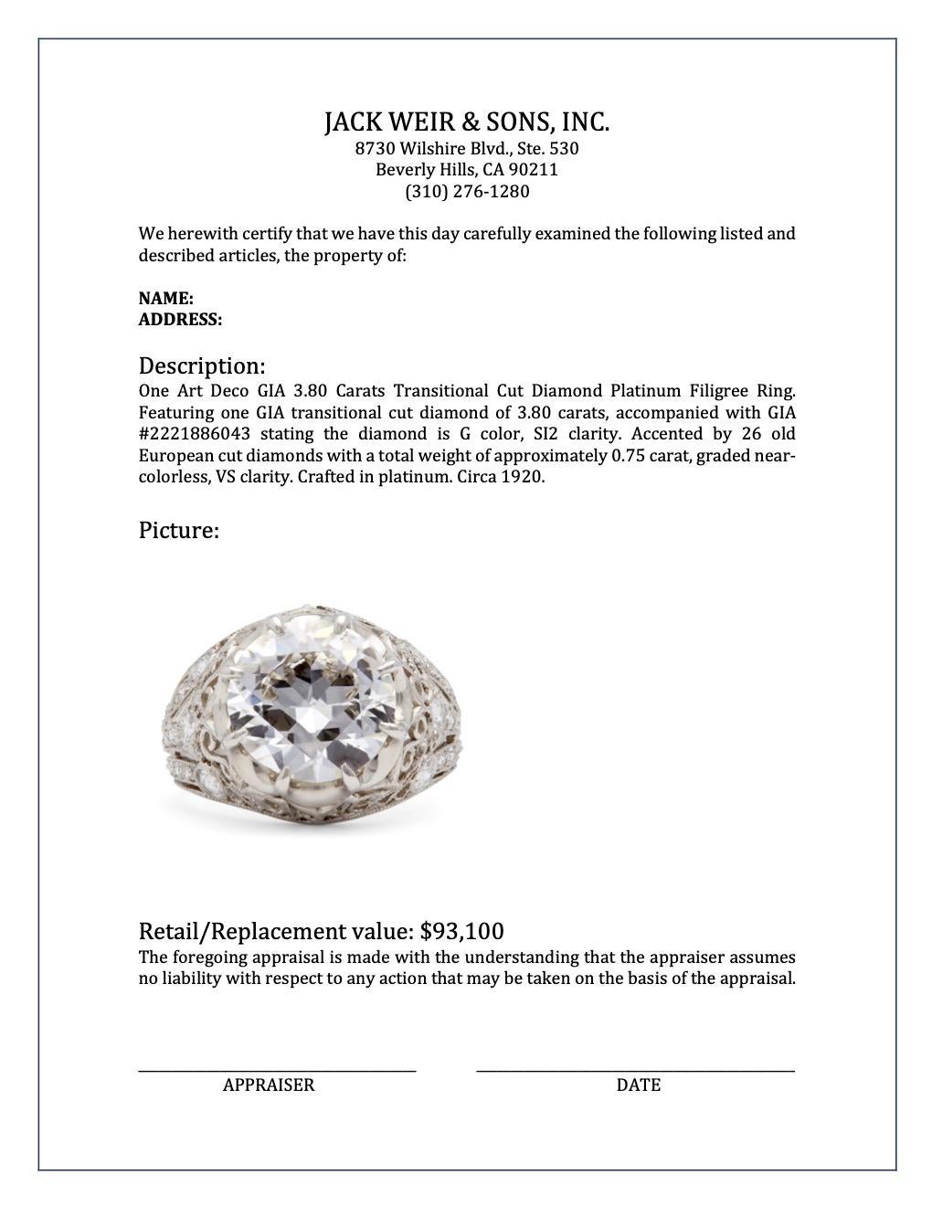 Women's or Men's Art Deco GIA 3.80 Carats Transitional Cut Diamond Platinum Filigree Ring