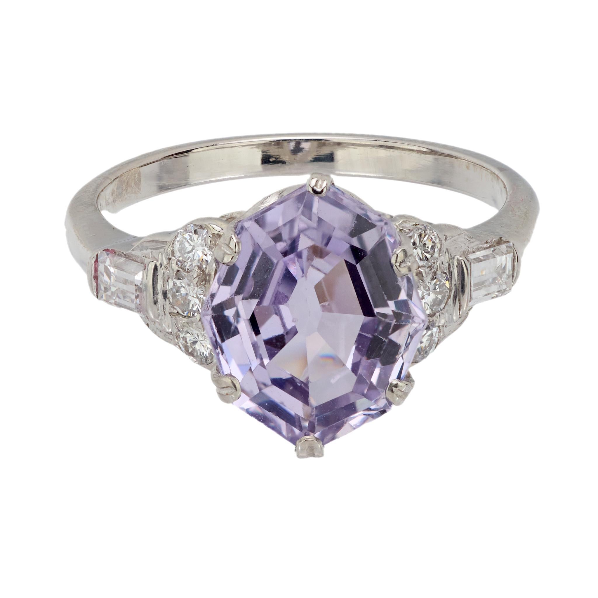 Baguette Cut Art Deco GIA 3.87 carat pinkish purple Ceylon sapphire diamond platinum ring