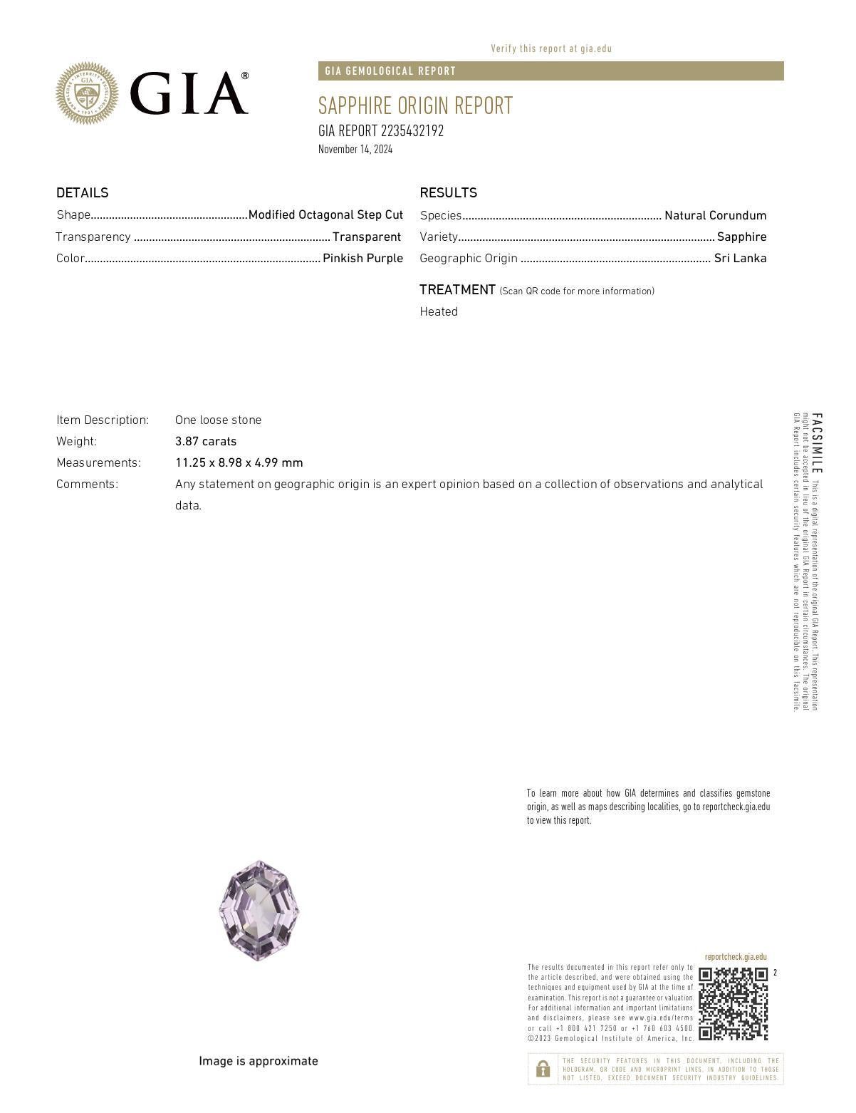 Women's Art Deco GIA 3.87 carat pinkish purple Ceylon sapphire diamond platinum ring