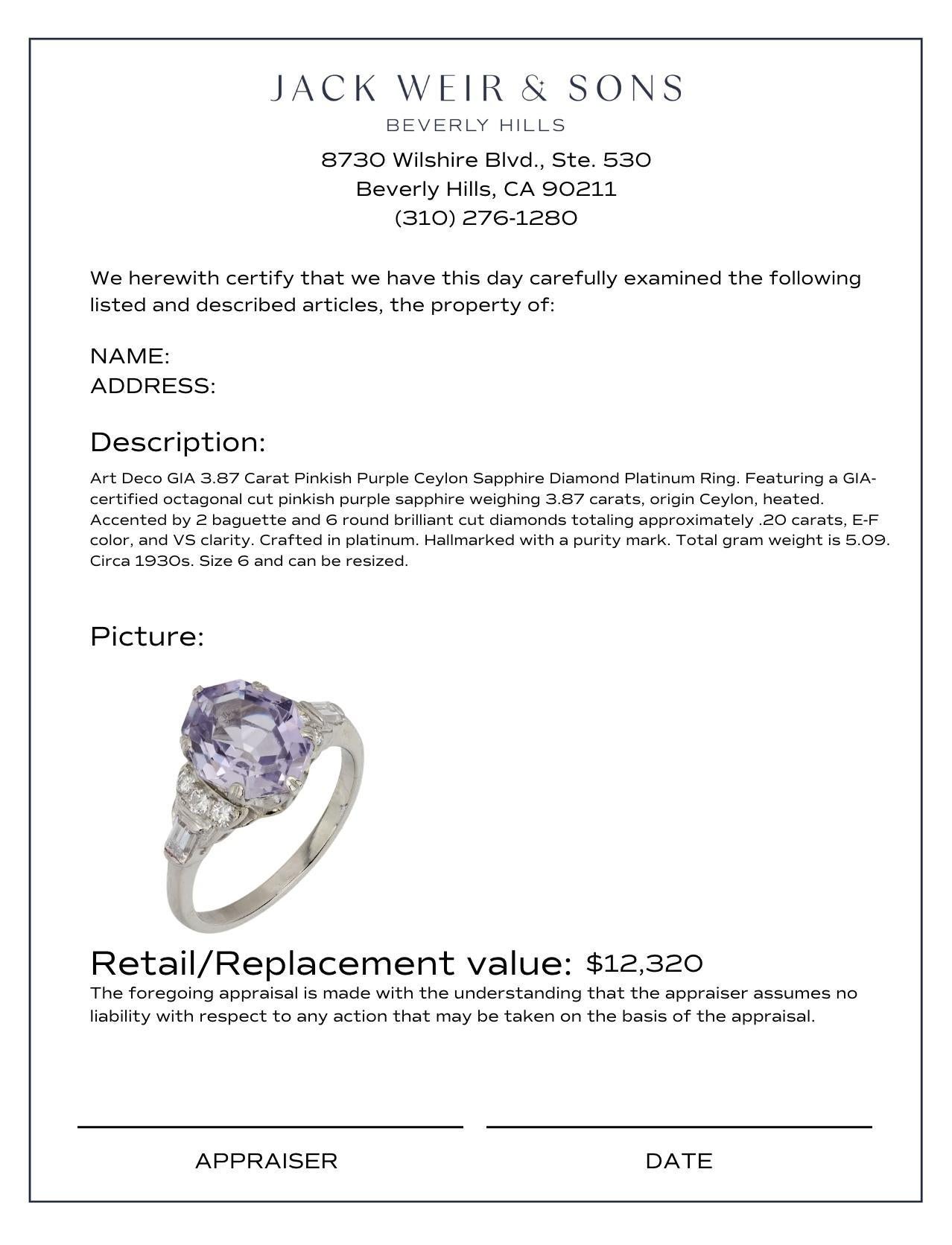 Art Deco GIA 3.87 carat pinkish purple Ceylon sapphire diamond platinum ring 1