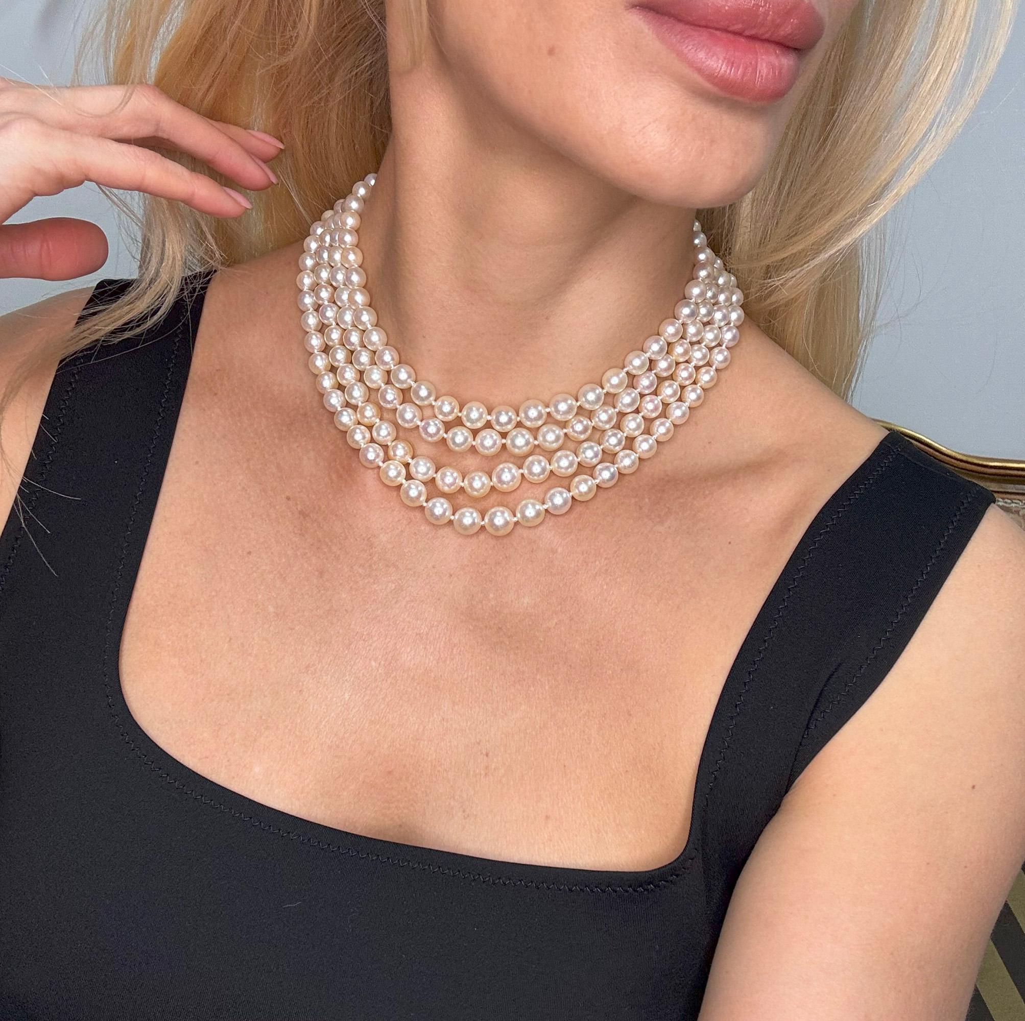 Art Deco GIA 4-Strand Vintage Graduated Akoya PEARL NECKLACE Plat Diamond Clasp For Sale 5