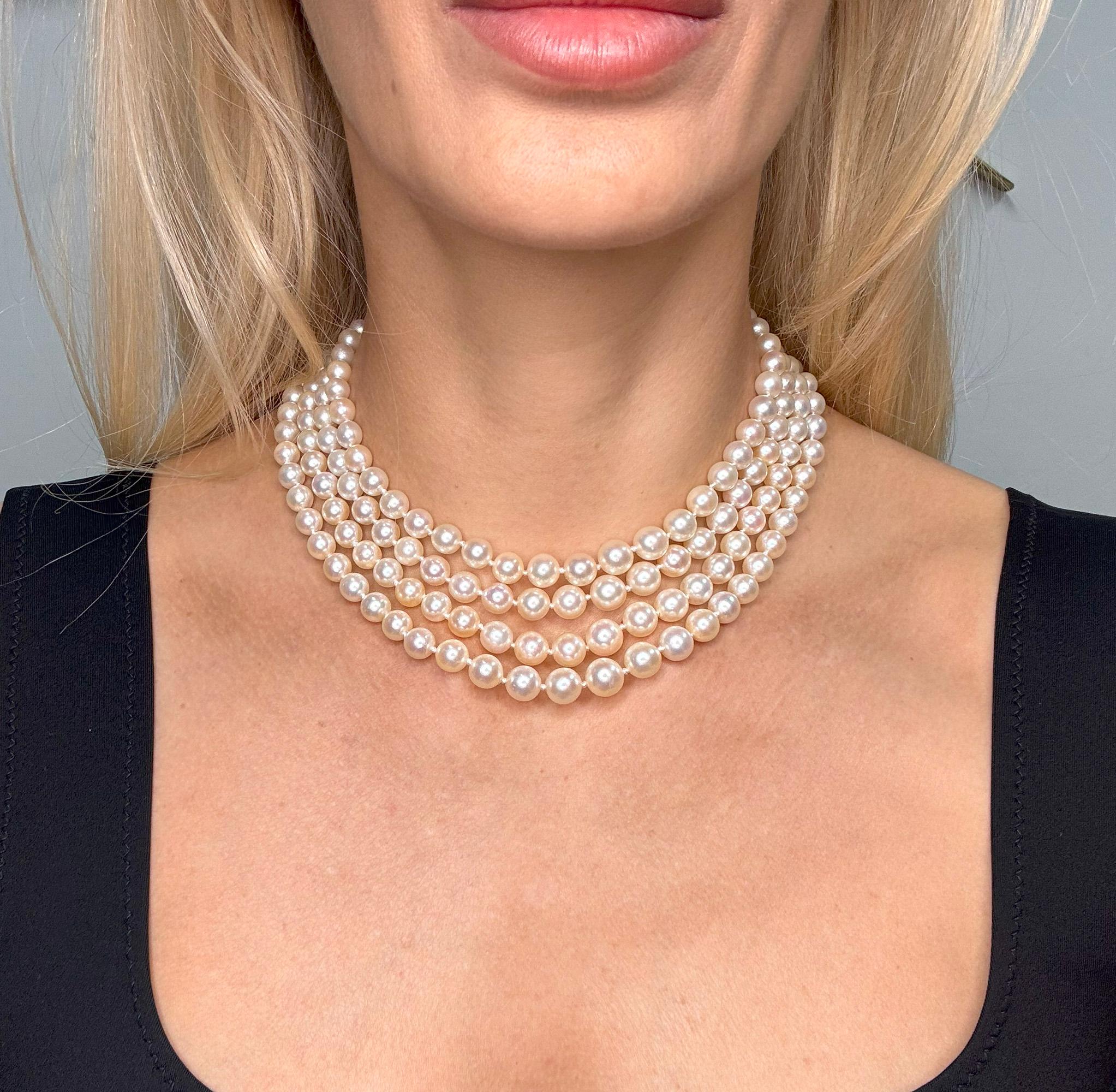 Art Deco GIA 4-Strand Vintage Graduated Akoya PEARL NECKLACE Plat Diamond Clasp For Sale 6