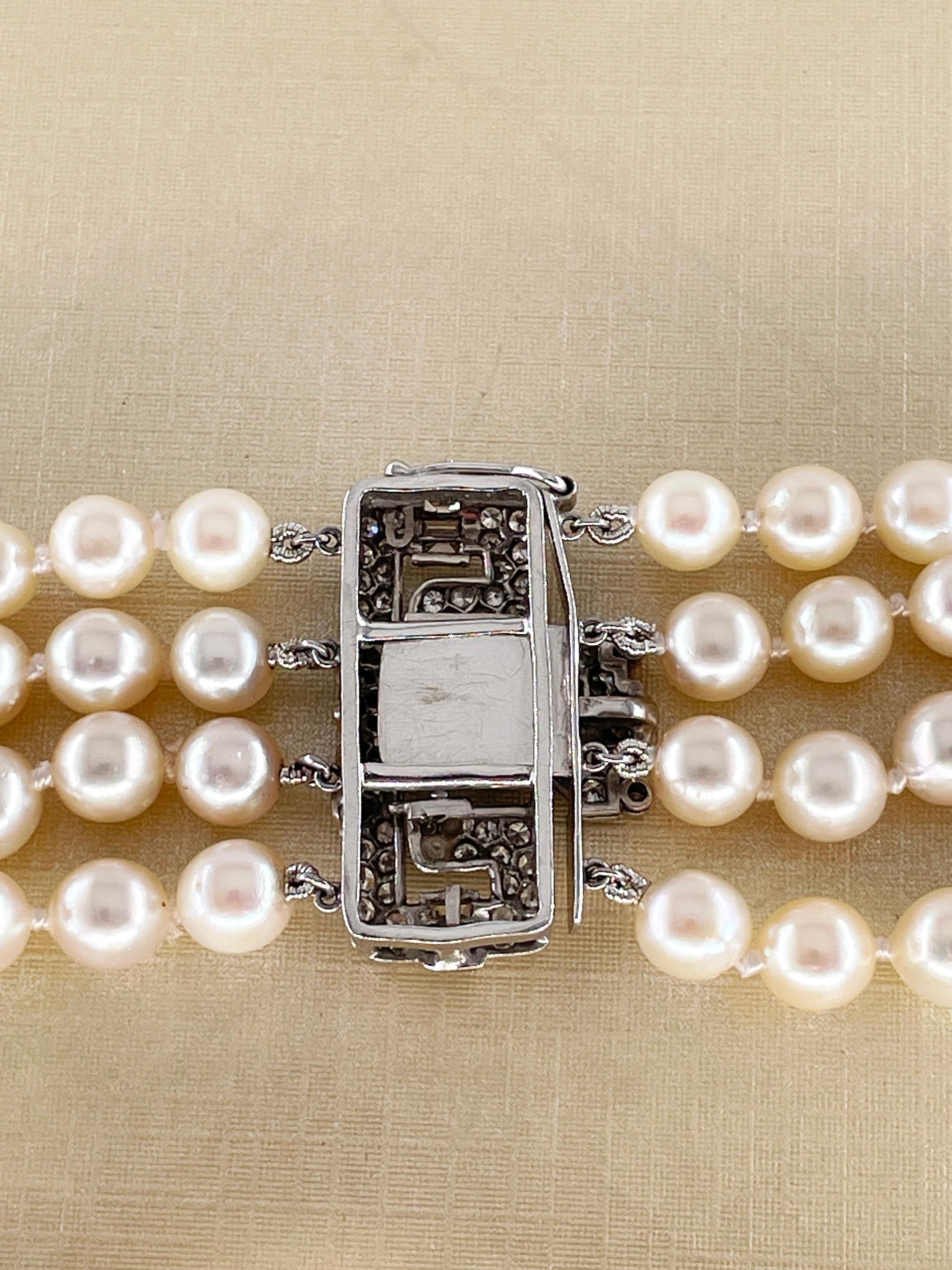 Art Deco GIA 4-Strand Vintage Graduated Akoya PEARL NECKLACE Plat Diamond Clasp For Sale 8