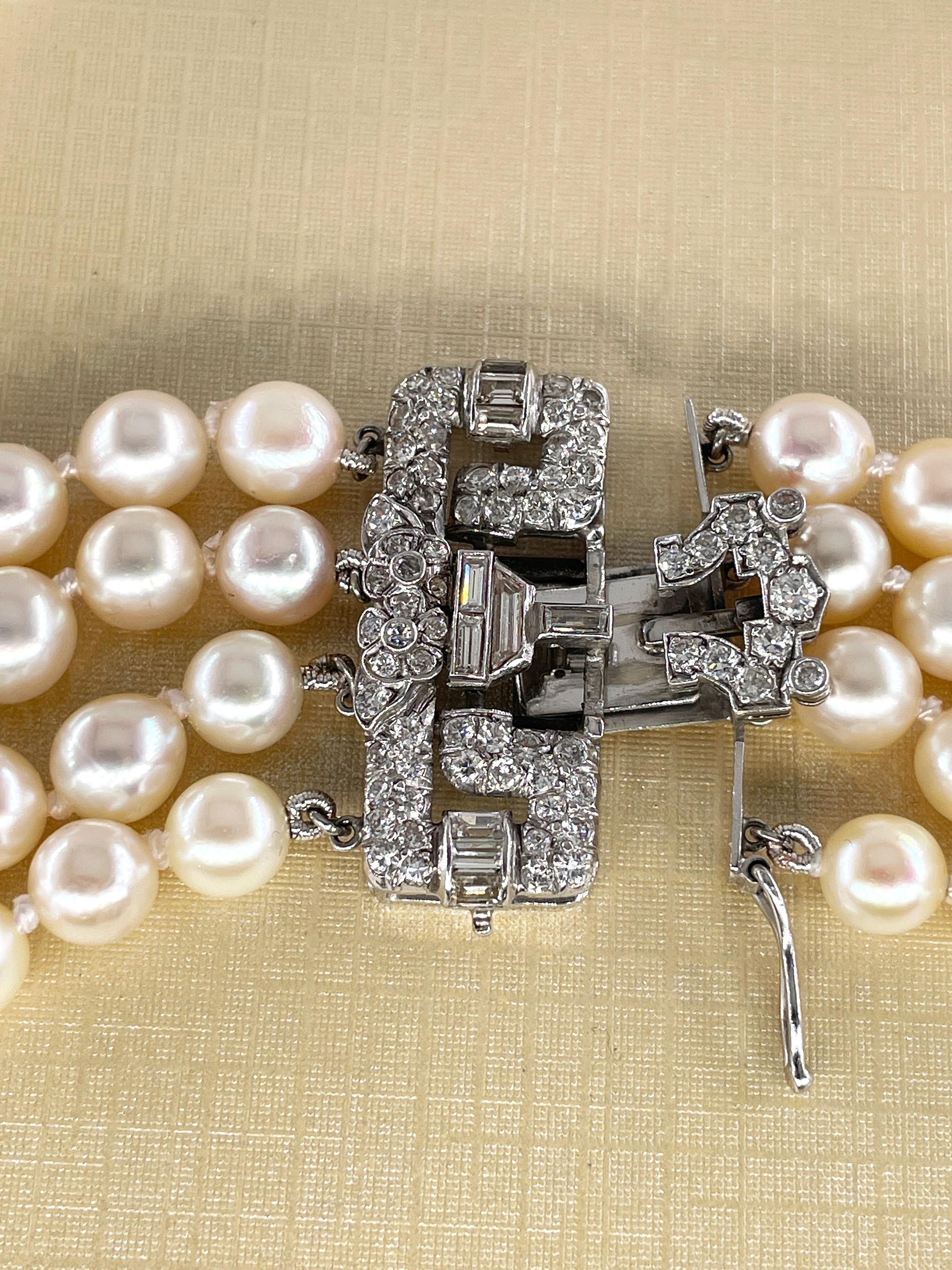 Art Deco GIA 4-Strand Vintage Graduated Akoya PEARL NECKLACE Plat Diamond Clasp For Sale 9