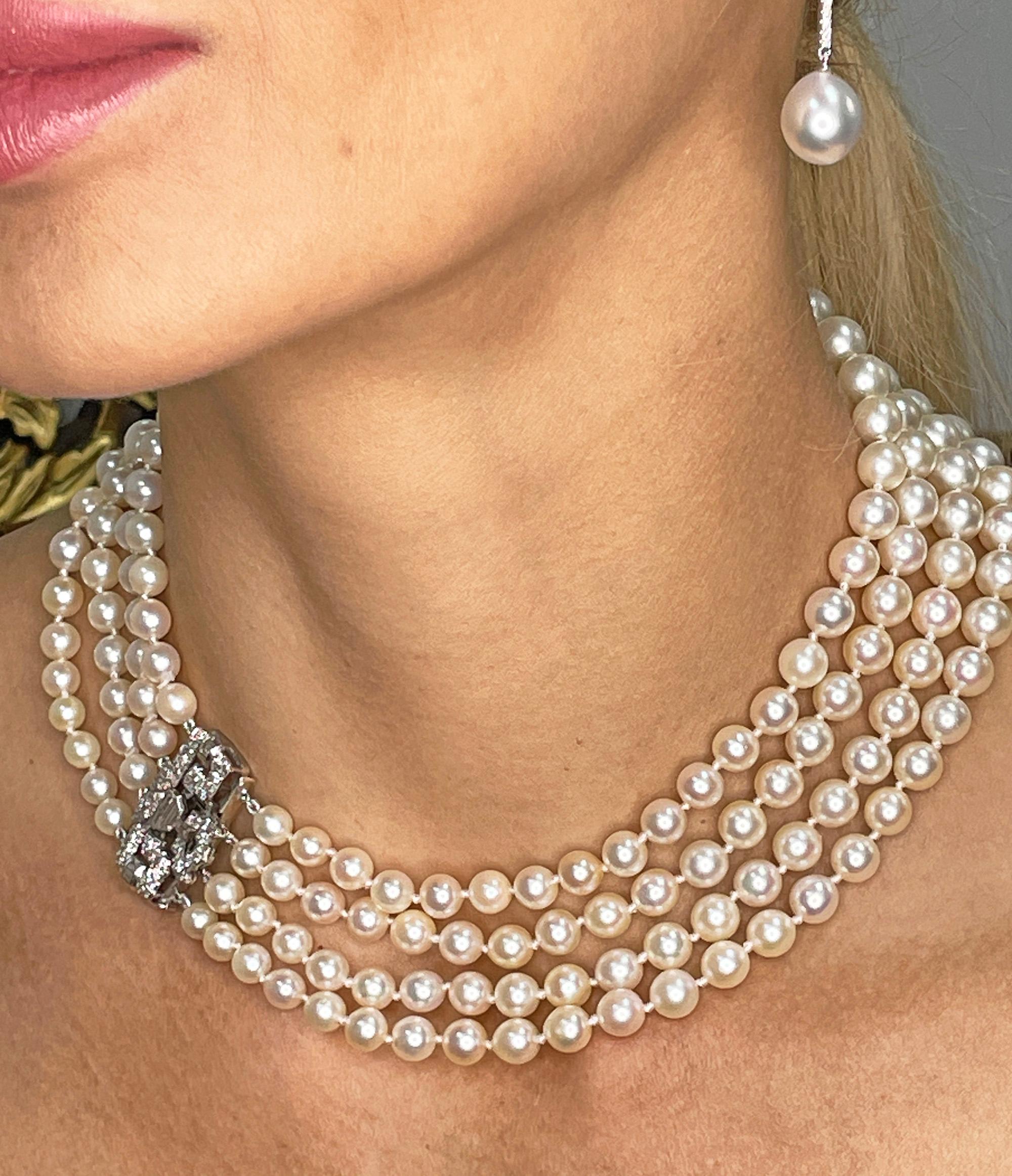 Art Deco GIA 4-Strand Vintage Graduated Akoya PEARL NECKLACE Plat Diamond Clasp For Sale 10