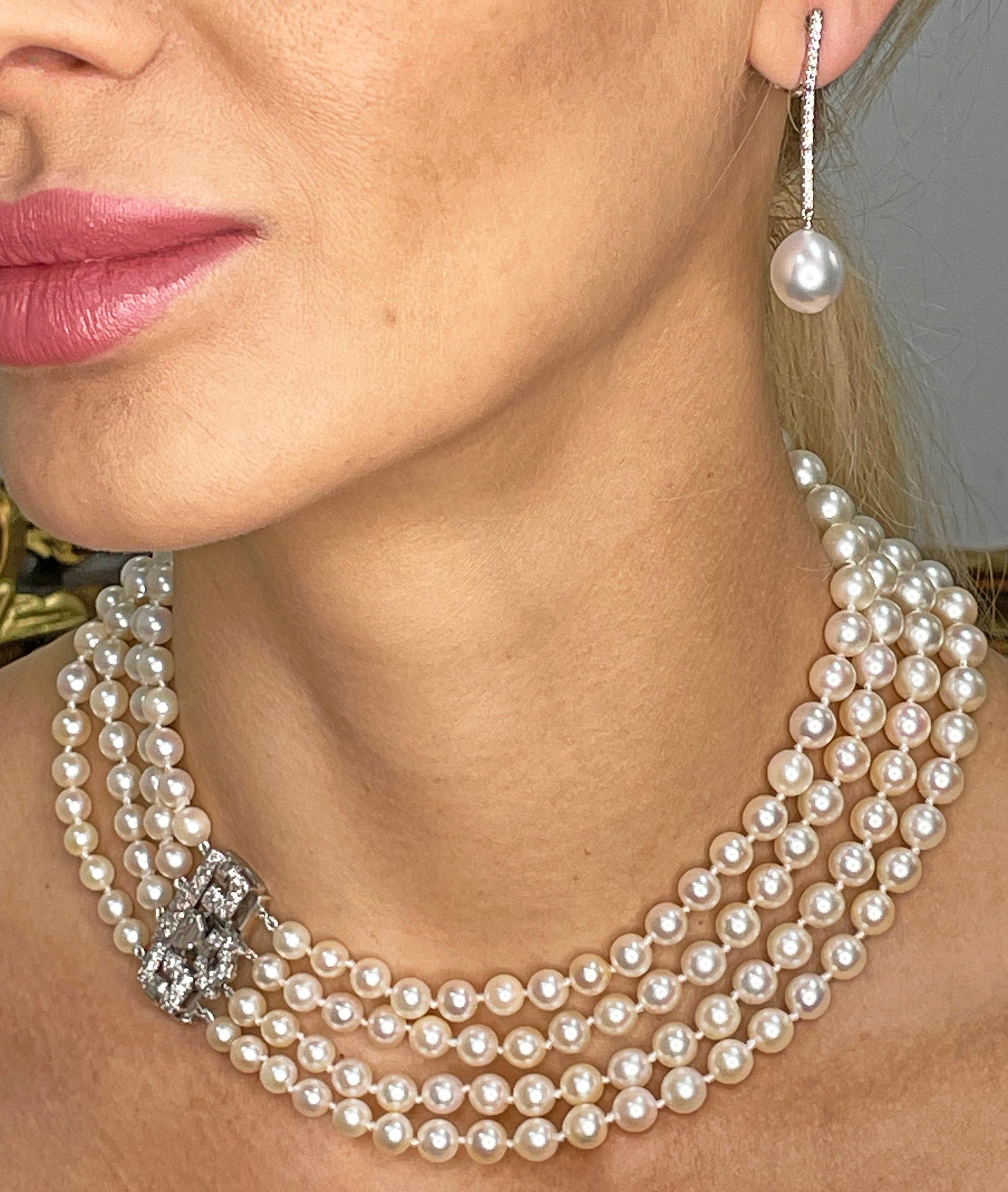 Art Deco GIA 4-Strand Vintage Graduated Akoya PEARL NECKLACE Plat Diamond Clasp For Sale 11