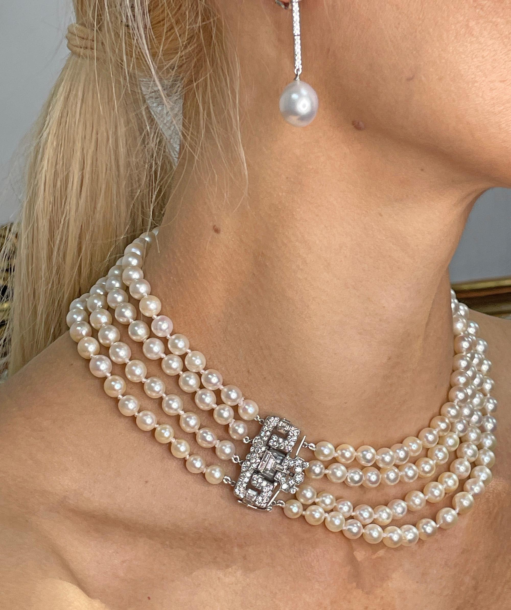 Art Deco GIA 4-Strand Vintage Graduated Akoya PEARL NECKLACE Plat Diamond Clasp For Sale 12