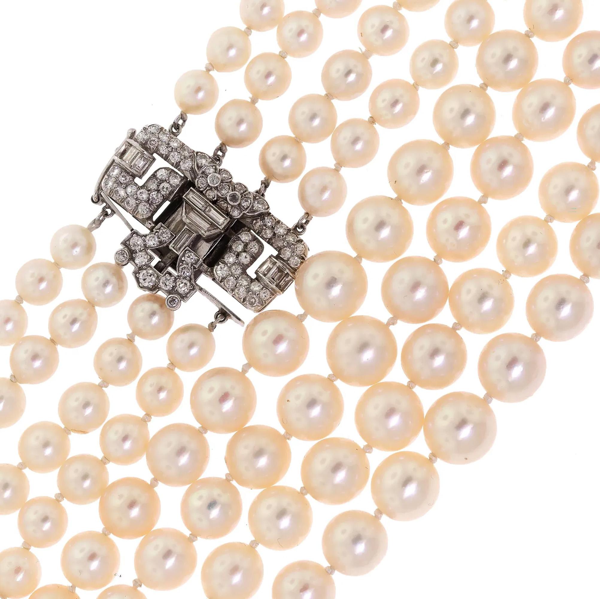 Art Deco GIA Multi Strand Graduated Saltwater Akoya PEARL Vintage NECKLACE Diamond Platinum Clasp.
Among all the pieces of jewelry, there exists one that possesses a remarkable versatility. It complements a wide range of outfits, suits various