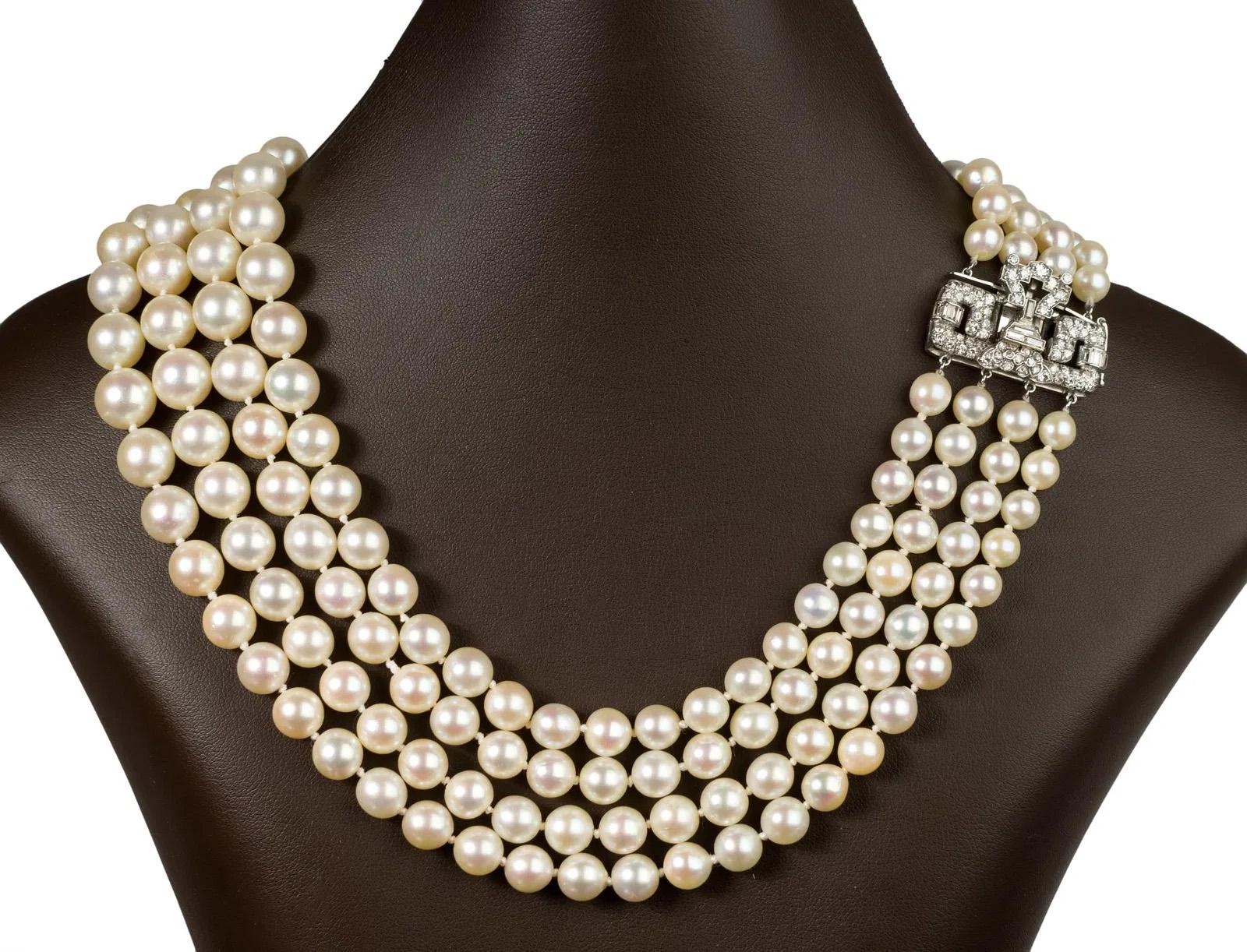 Bead Art Deco GIA 4-Strand Vintage Graduated Akoya PEARL NECKLACE Plat Diamond Clasp For Sale