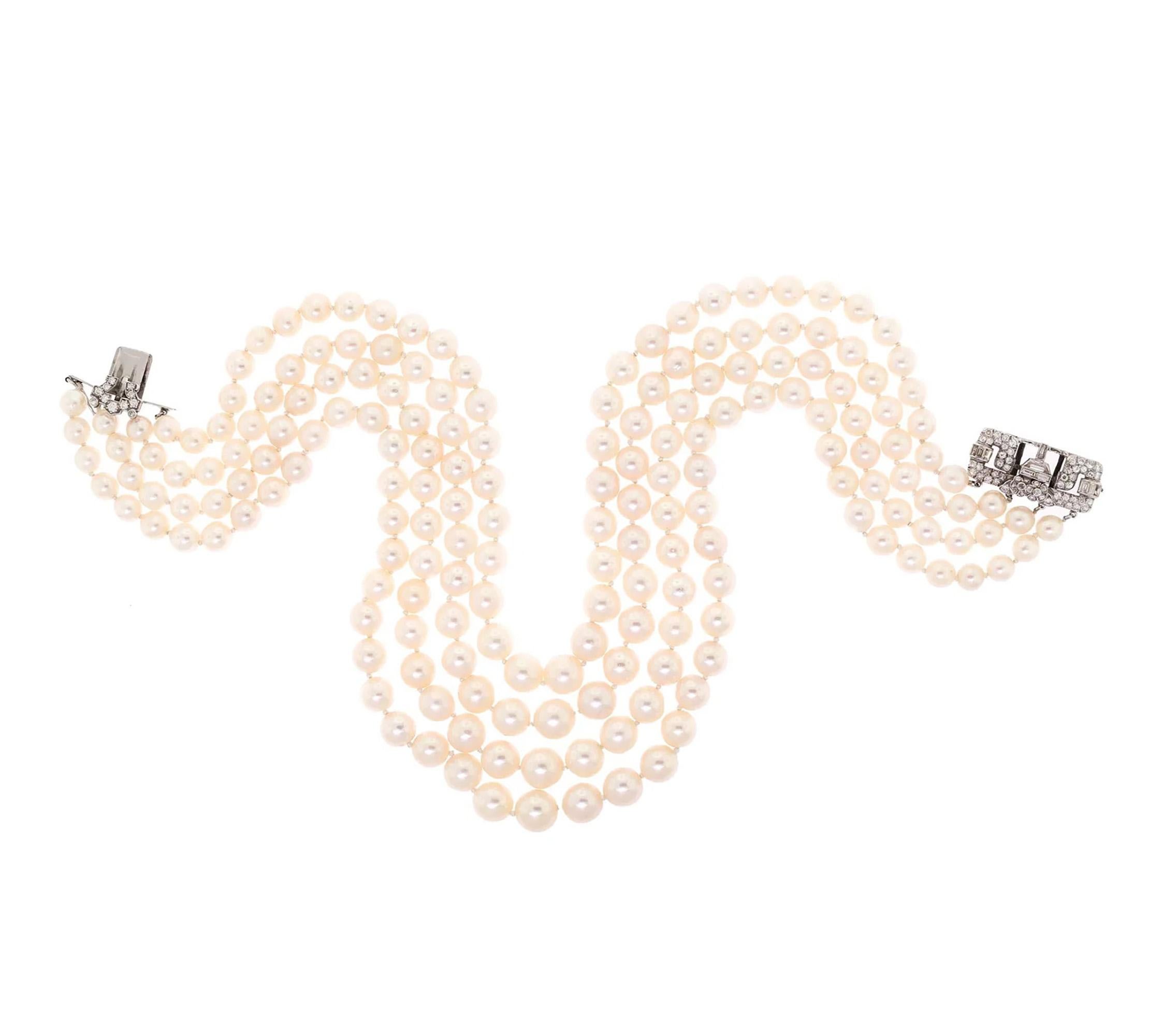 Art Deco GIA 4-Strand Vintage Graduated Akoya PEARL NECKLACE Plat Diamond Clasp In Good Condition For Sale In New York, NY