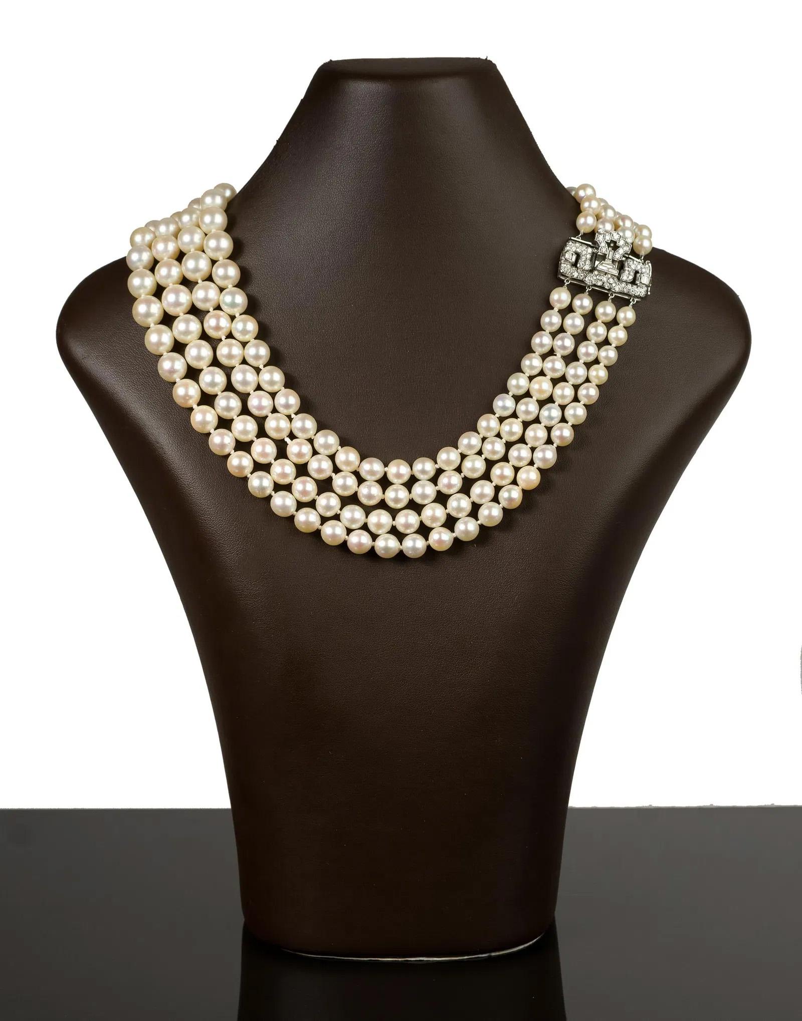 Women's Art Deco GIA 4-Strand Vintage Graduated Akoya PEARL NECKLACE Plat Diamond Clasp For Sale