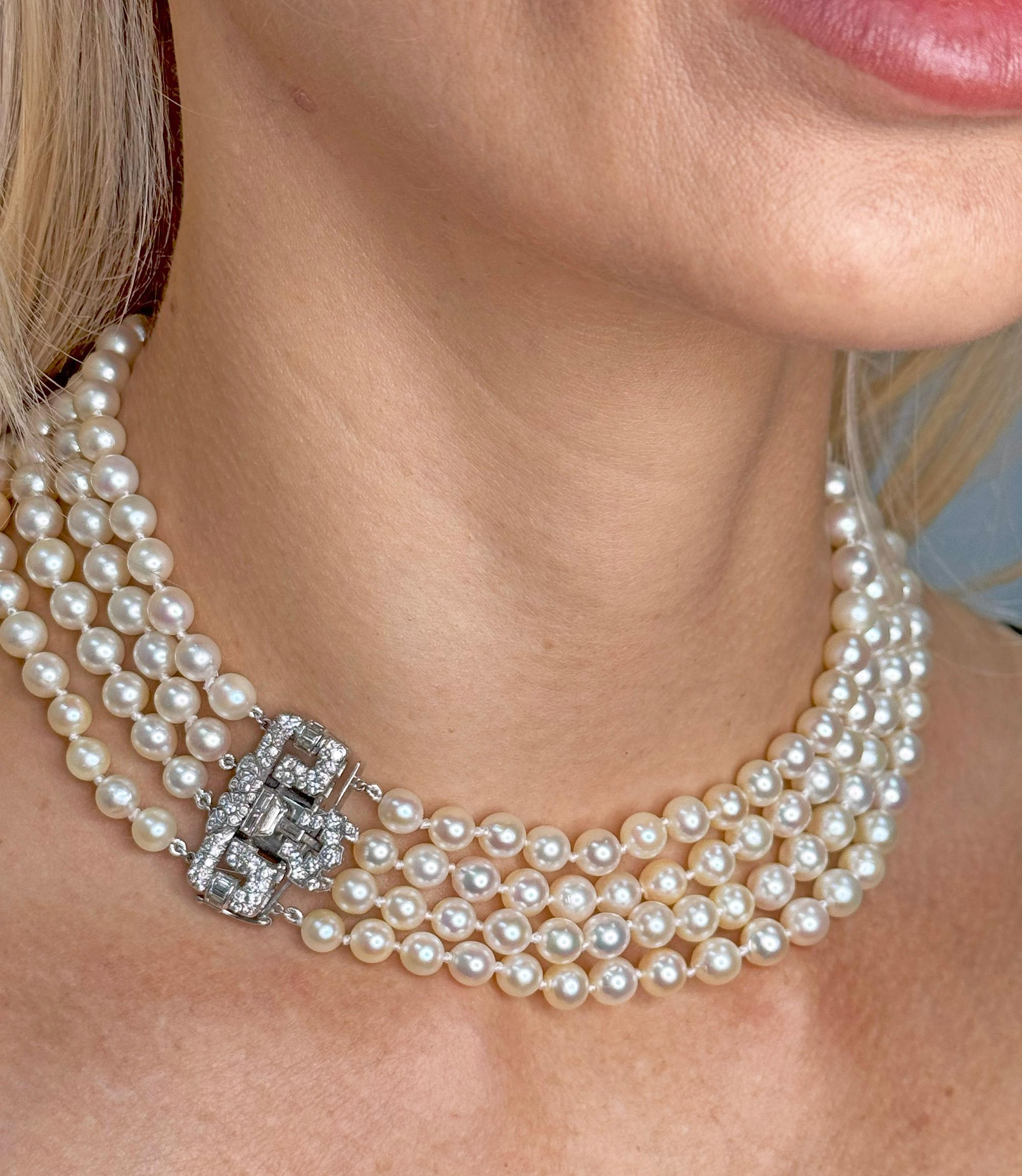 Art Deco GIA 4-Strand Vintage Graduated Akoya PEARL NECKLACE Plat Diamond Clasp For Sale 2