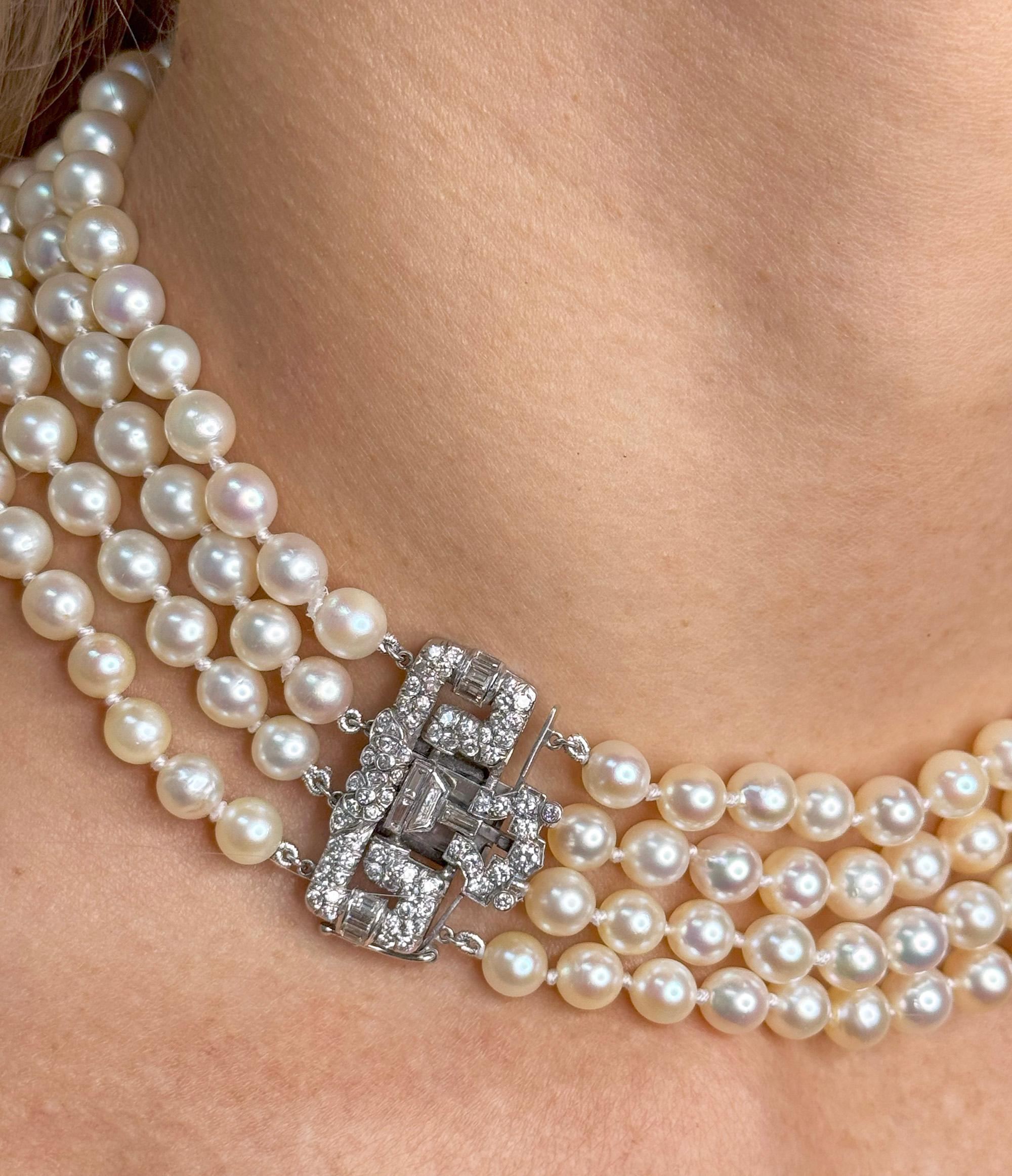 Art Deco GIA 4-Strand Vintage Graduated Akoya PEARL NECKLACE Plat Diamond Clasp For Sale 3