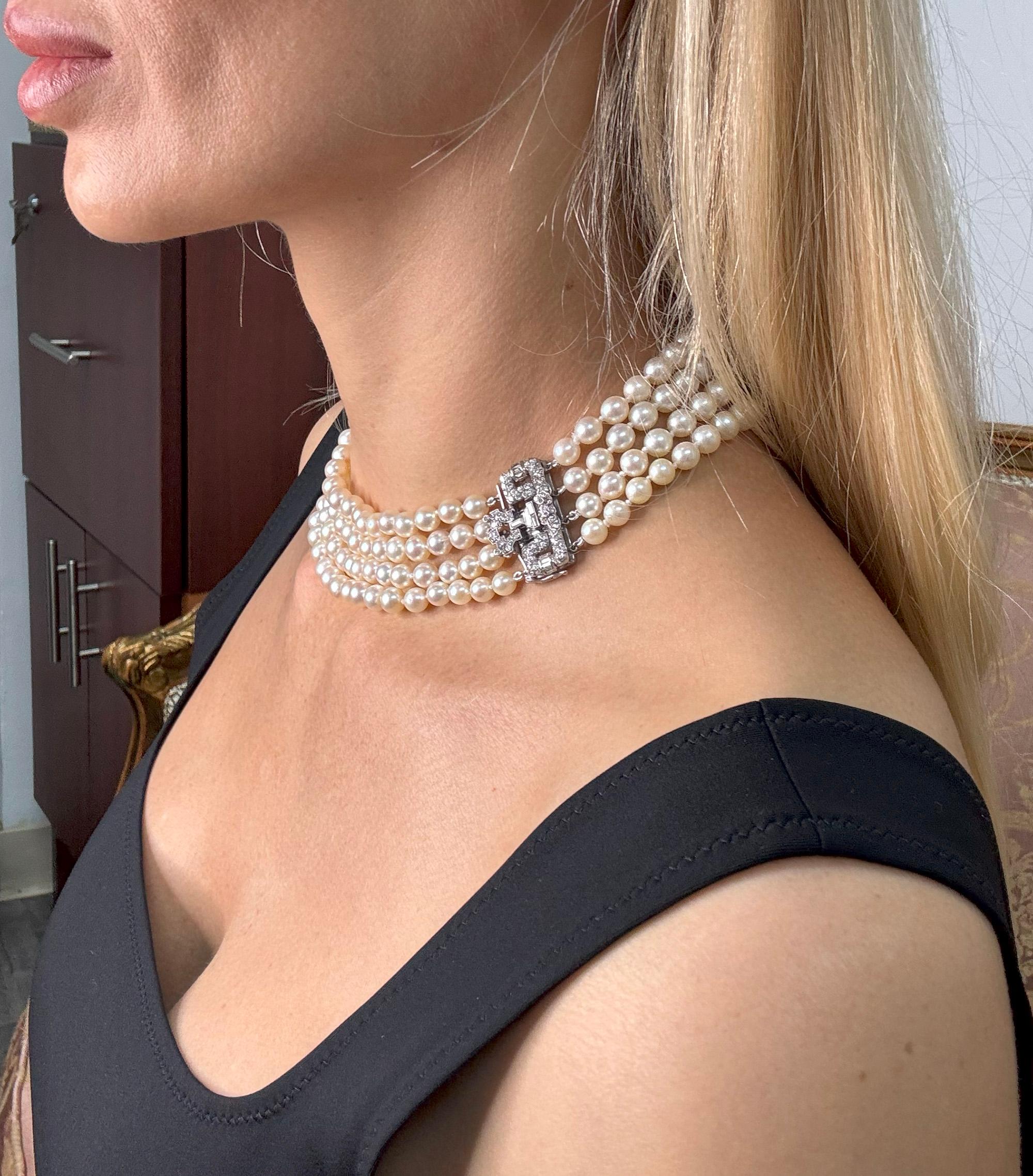 Art Deco GIA 4-Strand Vintage Graduated Akoya PEARL NECKLACE Plat Diamond Clasp For Sale 4