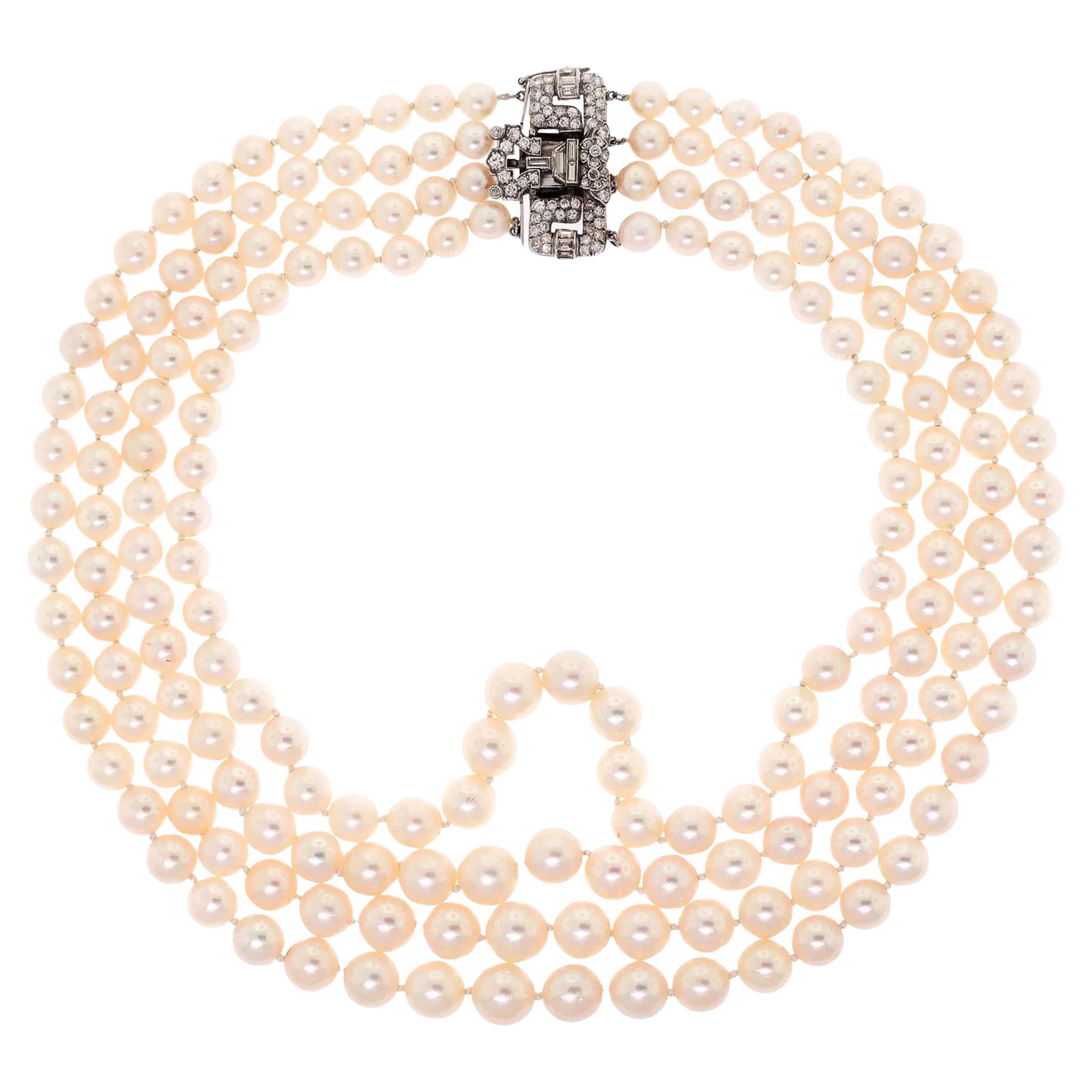 Art Deco GIA 4-Strand Vintage Graduated Akoya PEARL NECKLACE Plat Diamond Clasp For Sale