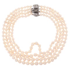 Art Deco GIA 4-Strand Vintage Graduated Akoya PEARL NECKLACE Plat Diamond Clasp