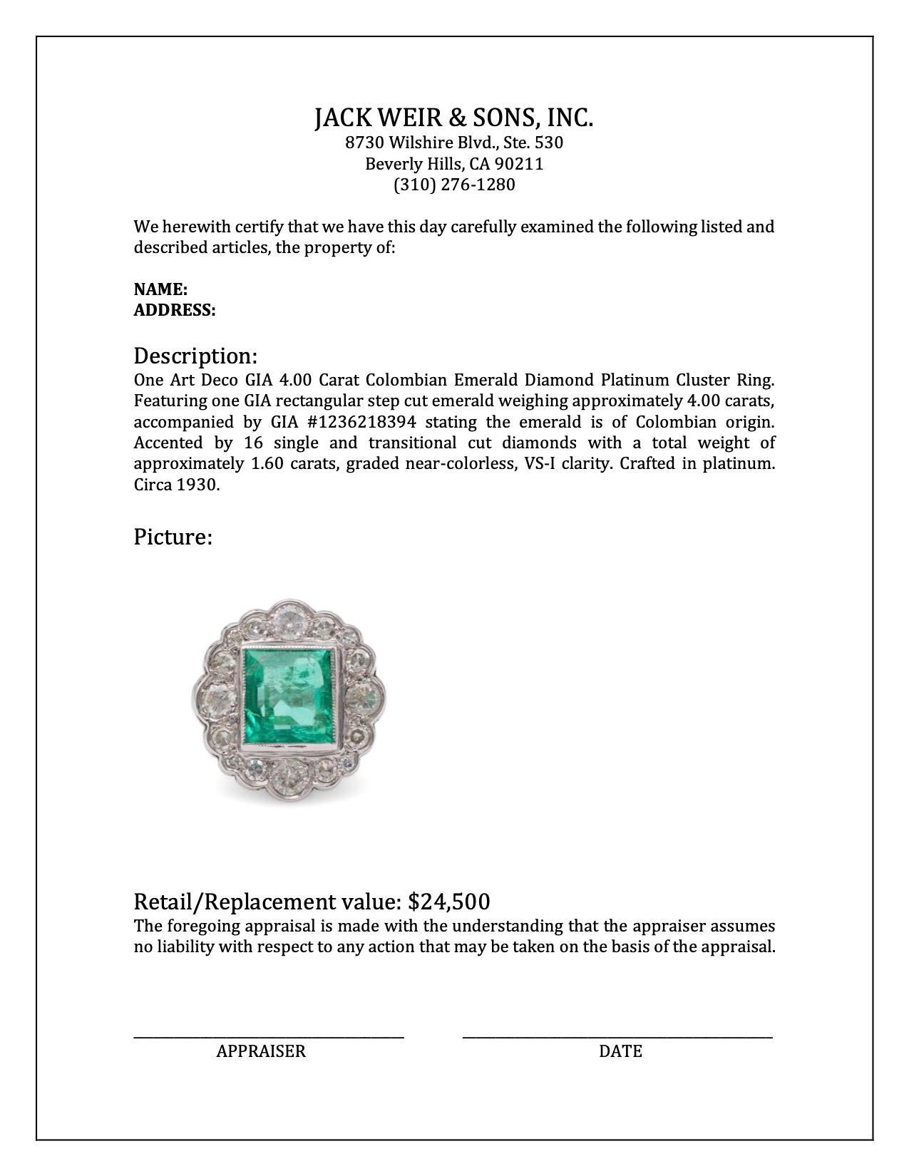 Art Deco GIA 4.00 Carat Colombian Emerald Diamond Platinum Cluster Ring For Sale 1