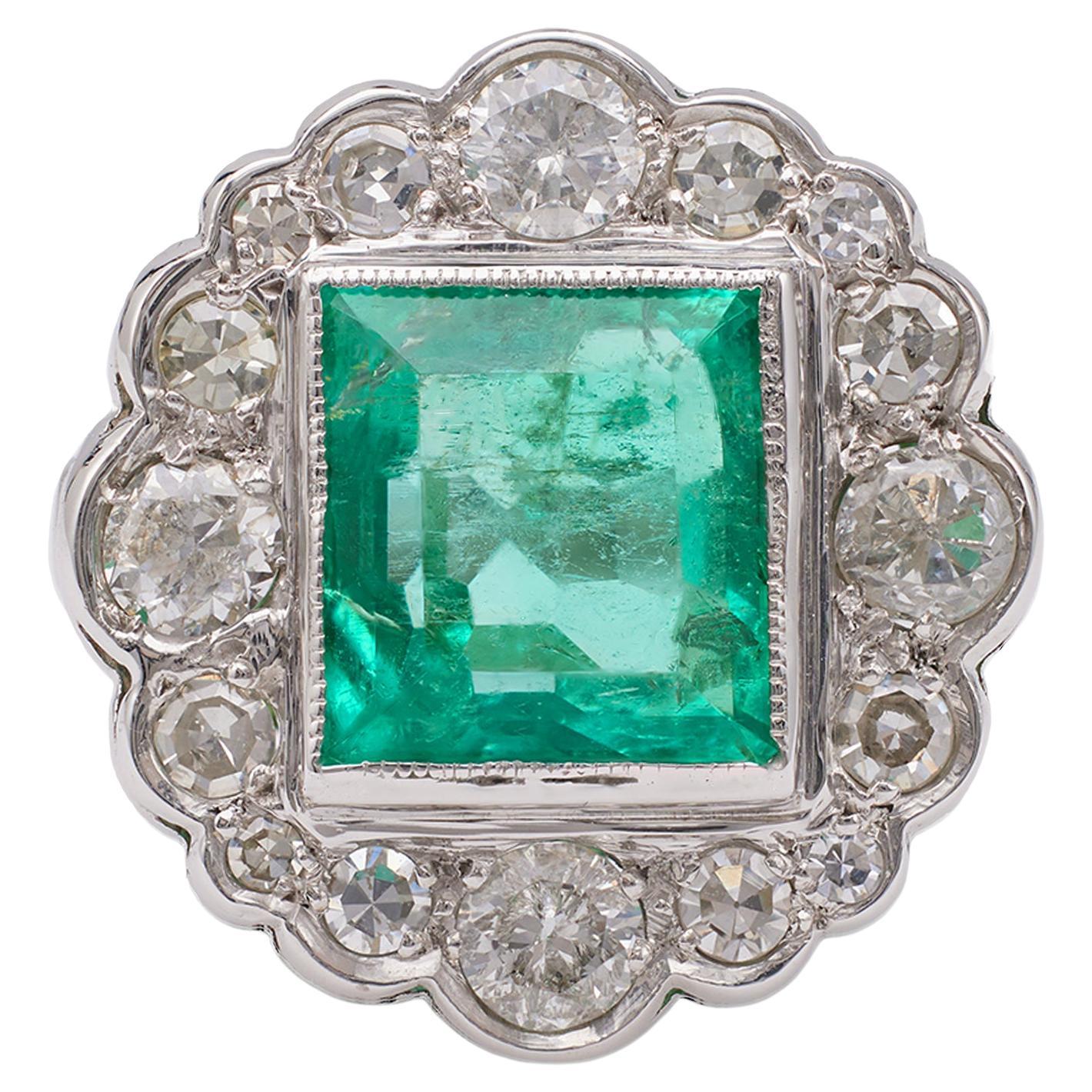 Art Deco GIA 4.00 Carat Colombian Emerald Diamond Platinum Cluster Ring For Sale