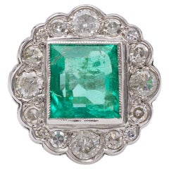 Art Deco GIA 4.00 Carat Colombian Emerald Diamond Platinum Cluster Ring