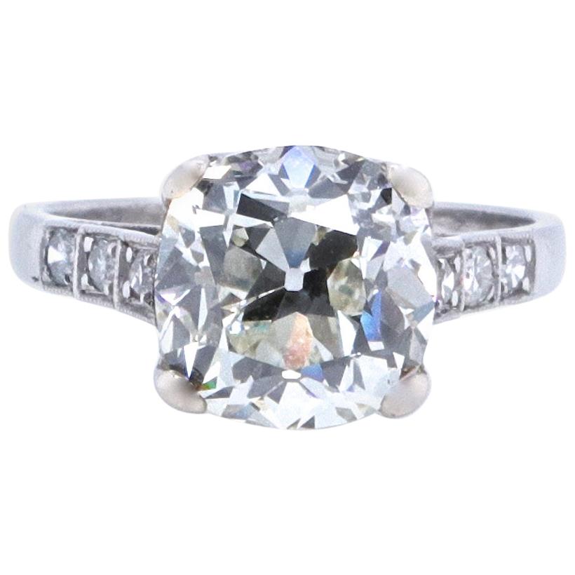 Art Deco GIA 4.02 Carat Cushion Cut Diamond Platinum Ring