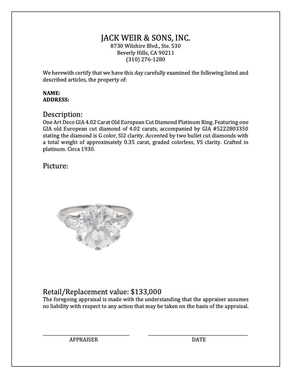 Art Deco GIA 4.02 Carat Old European Cut Diamond Platinum Ring For Sale 4