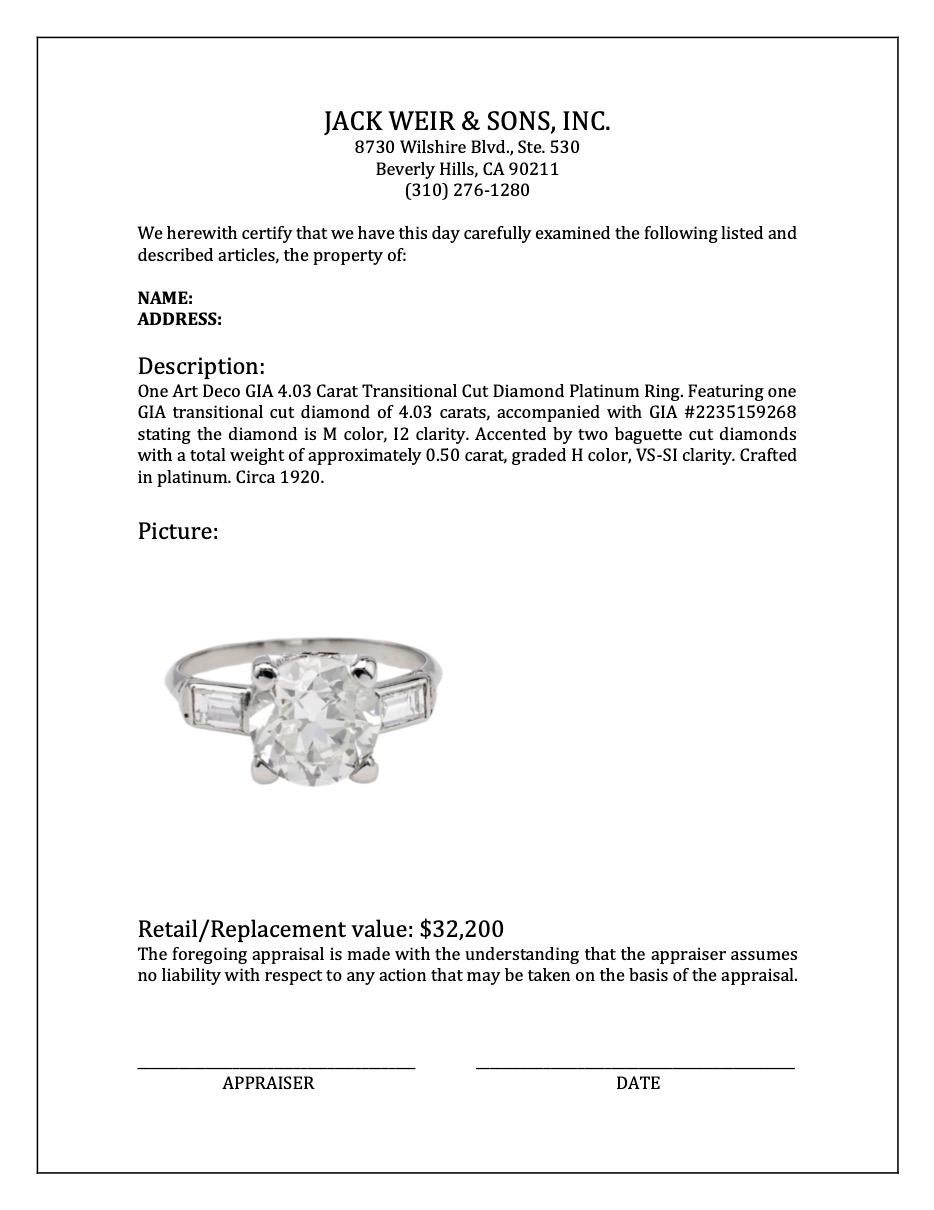 Art Deco GIA 4.03 Carat Transitional Cut Diamond Platinum Ring For Sale 3