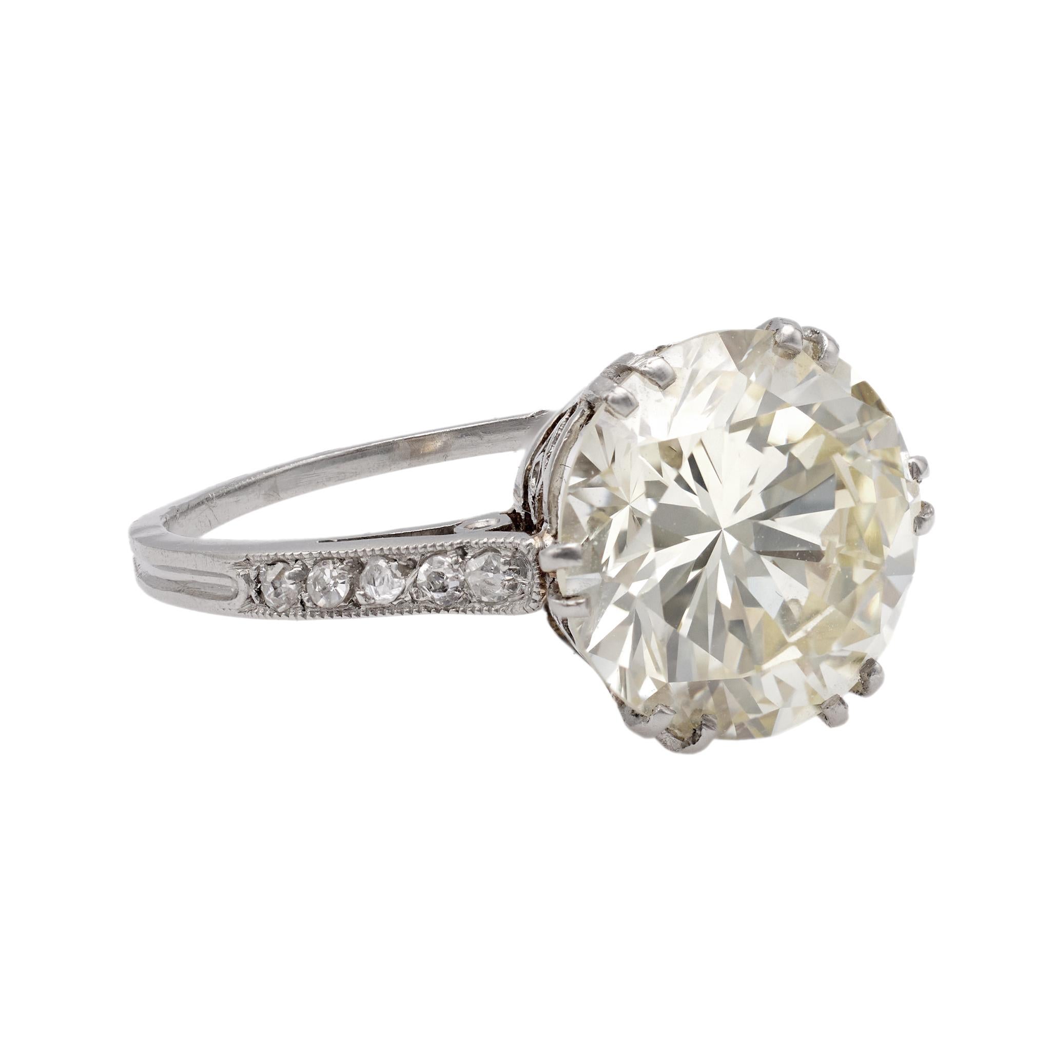 Women's or Men's Art Deco GIA 4.18 Carat Round Brilliant Cut Diamond Platinum Ring For Sale