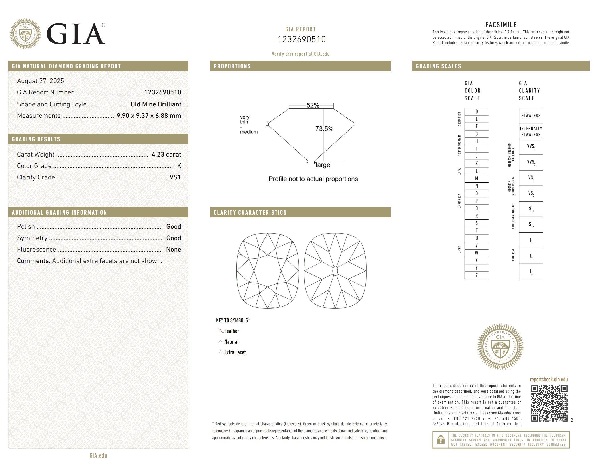 Bague de fiançailles Art déco en platine avec diamant taille ancienne de 4.23 carat, certifié GIA Pour femmes en vente