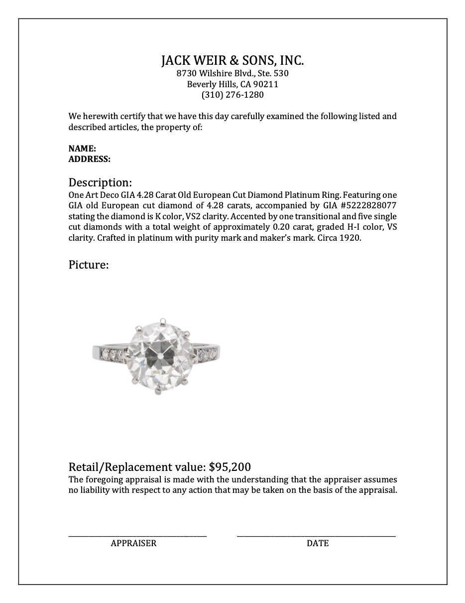 Bague Art déco en platine avec diamant taille vieille Europe de 4.28 carat certifié GIA en vente 3