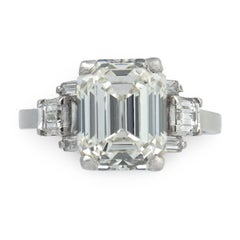 Art Deco GIA 4.33 carat emerald cut diamond platinum engagement ring