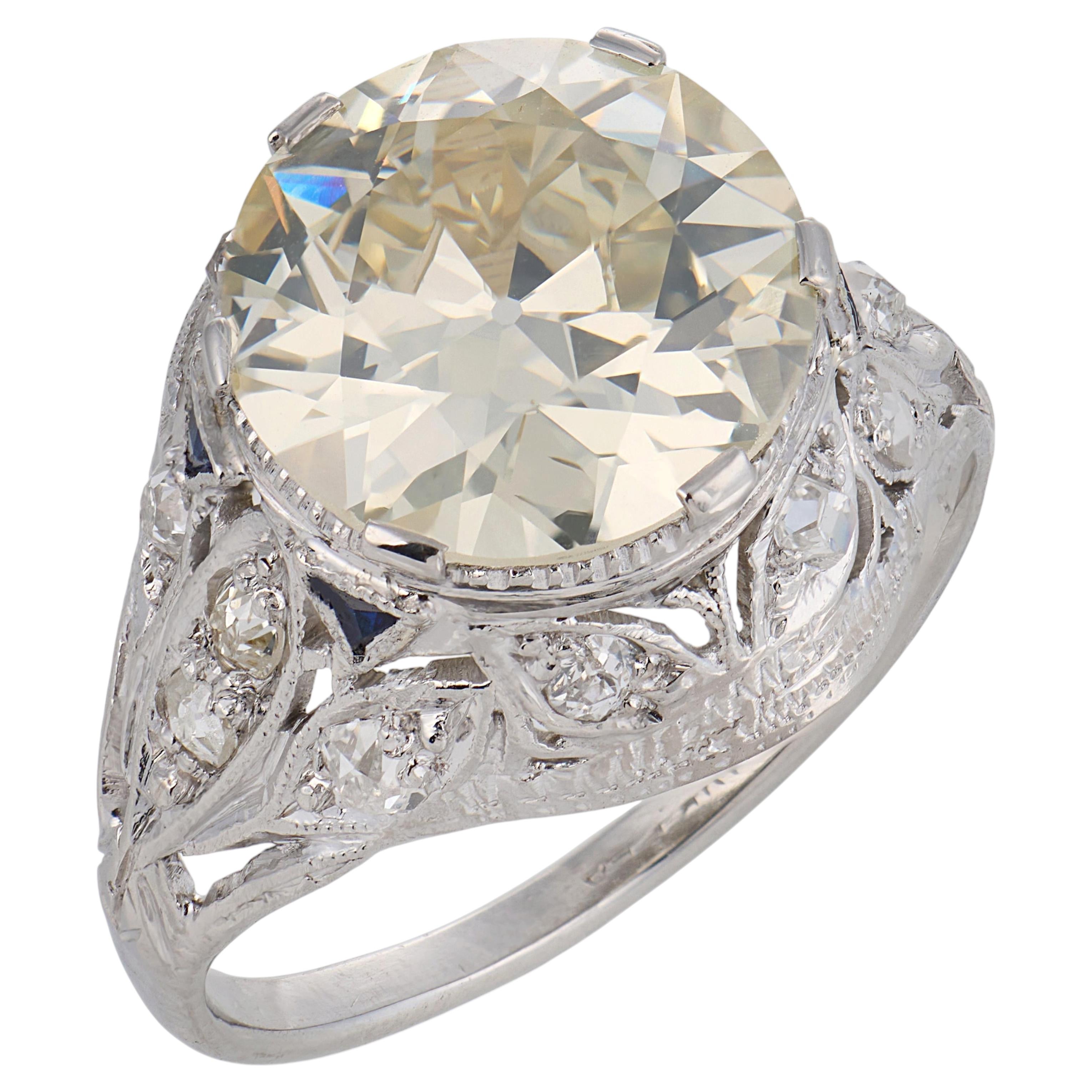 Art Deco GIA 4.41 carat diamond sapphire platinum engagement ring