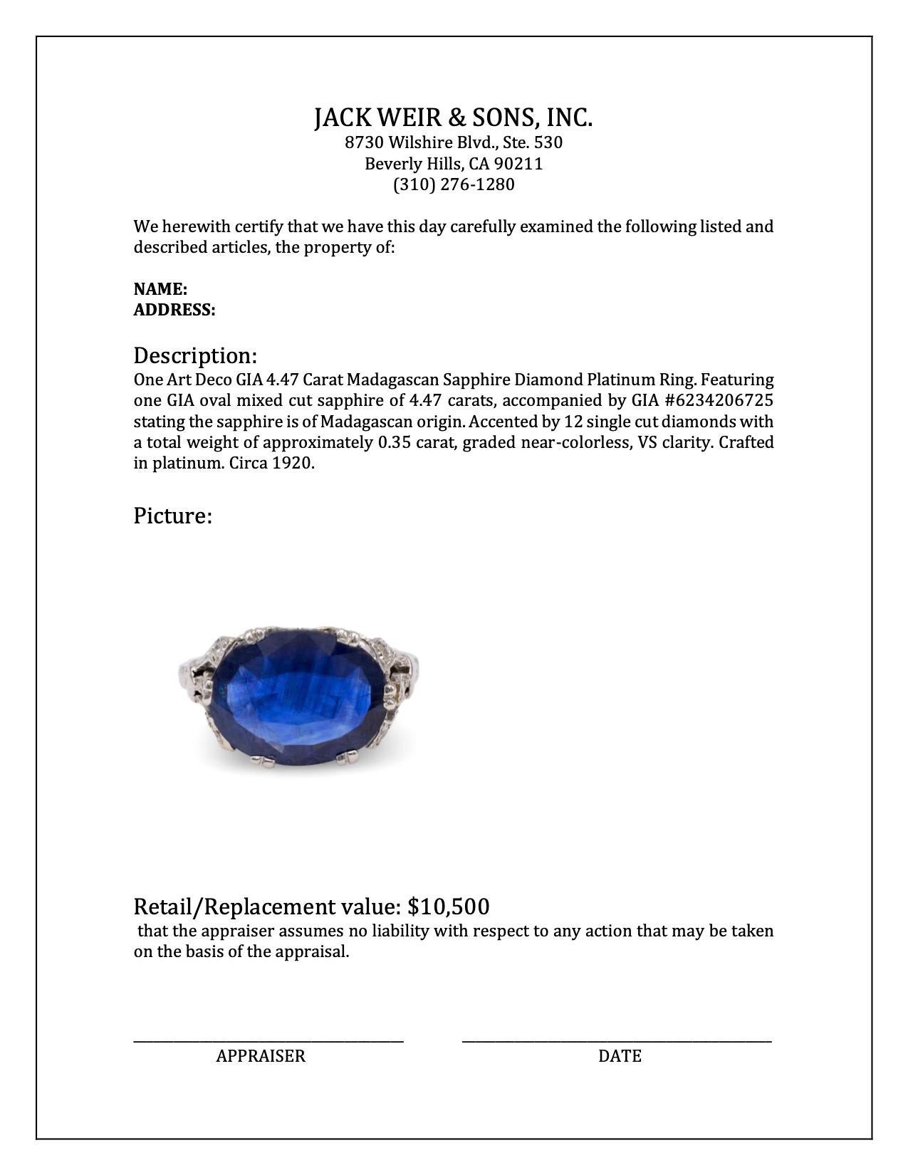 Art Deco GIA 4.47 Carat Madagascan Sapphire Diamond Platinum Ring 2