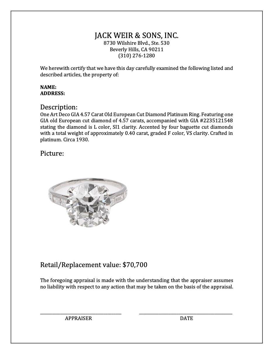 Platinring mit GIA 4.57 Karat Diamant im alteuropäischen Schliff im Art déco-Stil 3