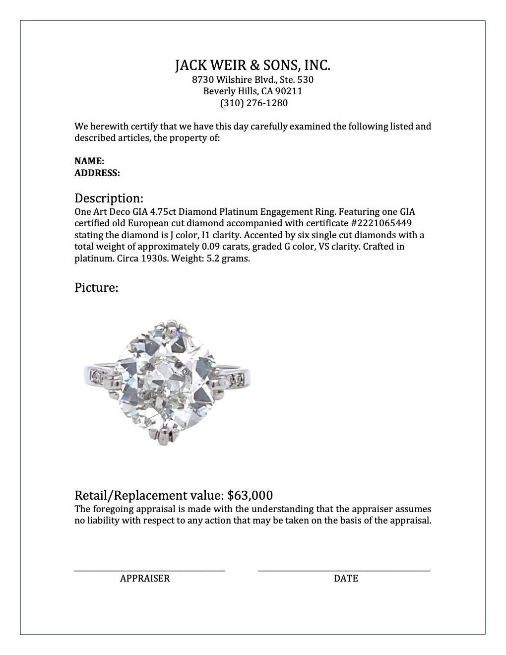 Art Deco GIA 4.75 Carat Old European Cut Diamond Platinum Engagement Ring 3