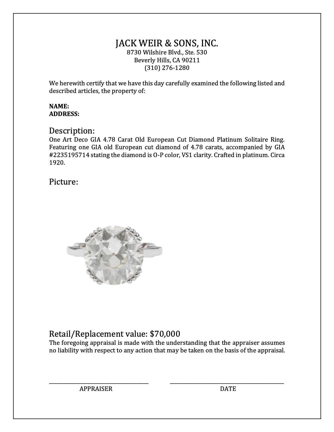Art Deco GIA 4.78 Carat Old European Cut Diamond Platinum Solitaire Ring For Sale 3