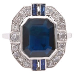 Art Deco GIA 4.80 Carat Blue Sapphire Diamond Platinum White Gold Cocktail Ring