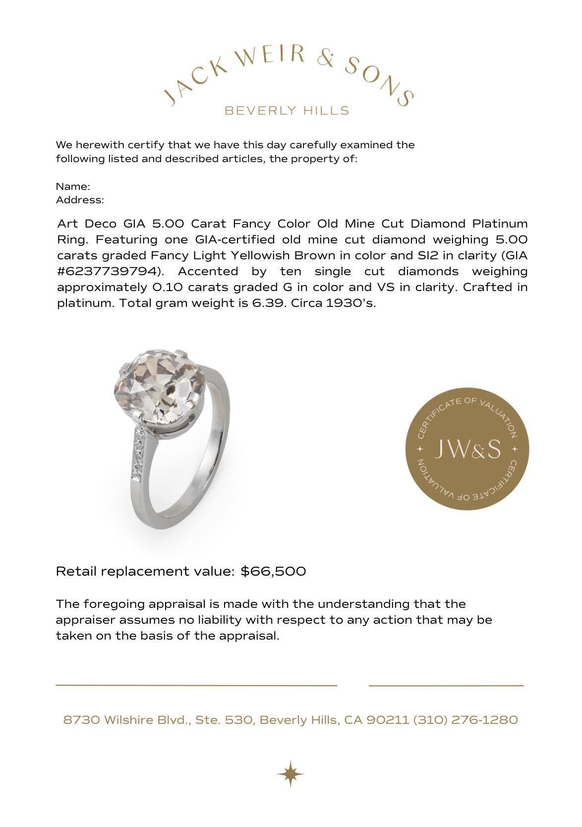 Art Déco GIA 5,00 quilates de diamante talla antigua en platino en venta 2