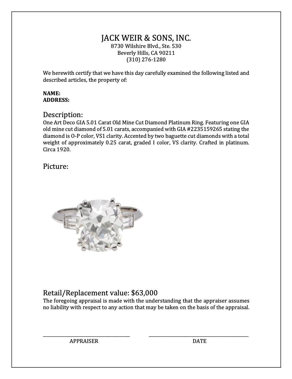 Art Deco GIA 5.01 Carat Old Mine Cut Diamond Platinum Ring 4
