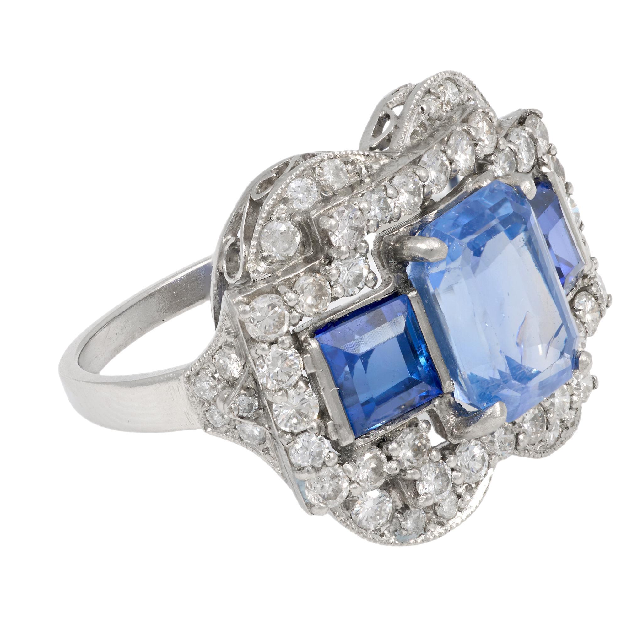 Emerald Cut Art Deco GIA 5.50 carat Ceylon no heat sapphire diamond platinum cocktail ring For Sale