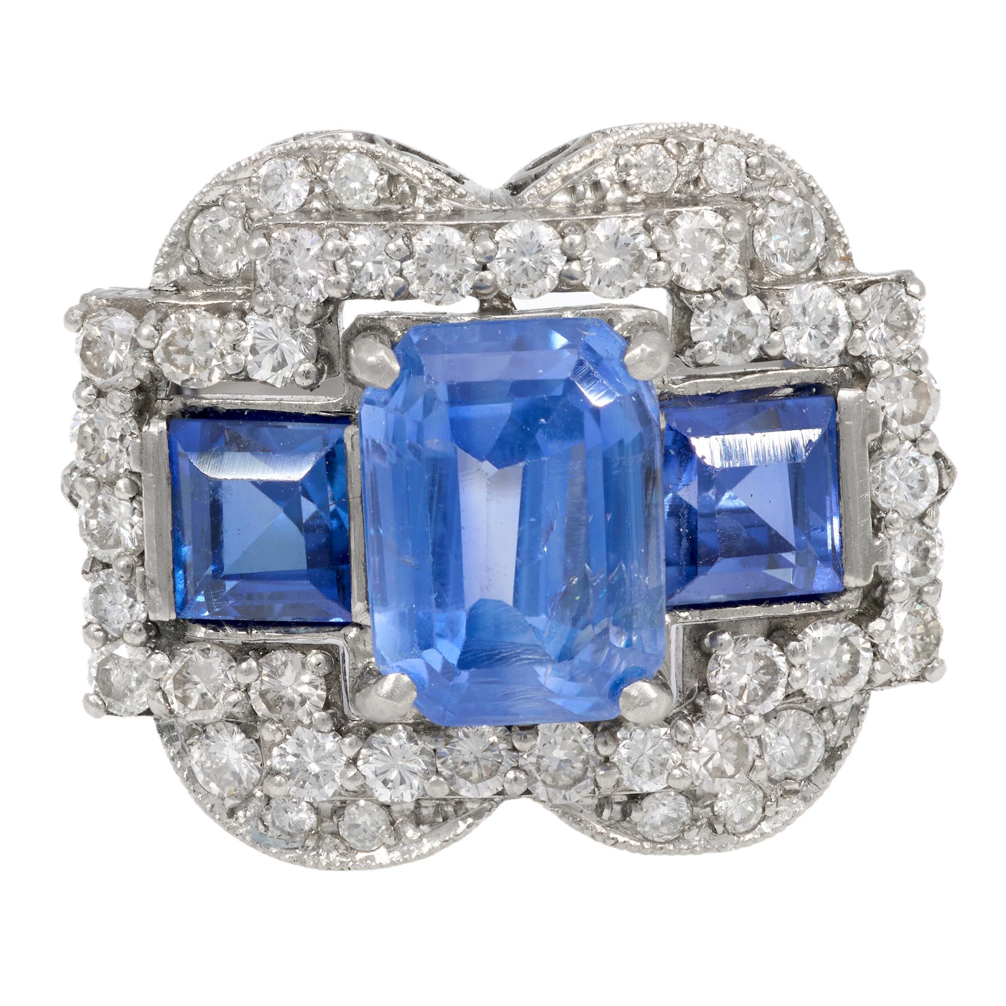 Women's Art Deco GIA 5.50 carat Ceylon no heat sapphire diamond platinum cocktail ring For Sale