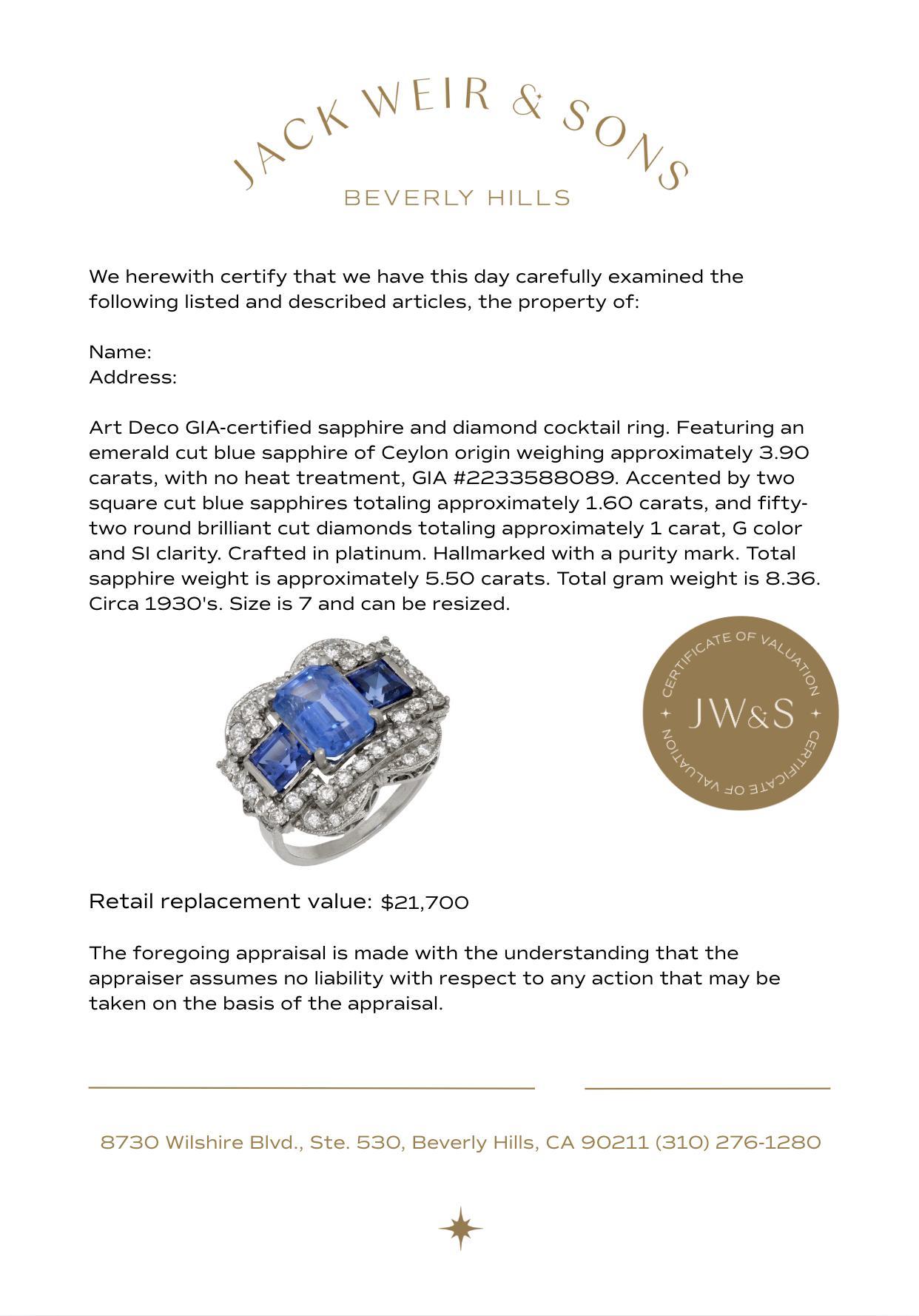 Art Deco GIA 5.50 carat Ceylon no heat sapphire diamond platinum cocktail ring For Sale 2